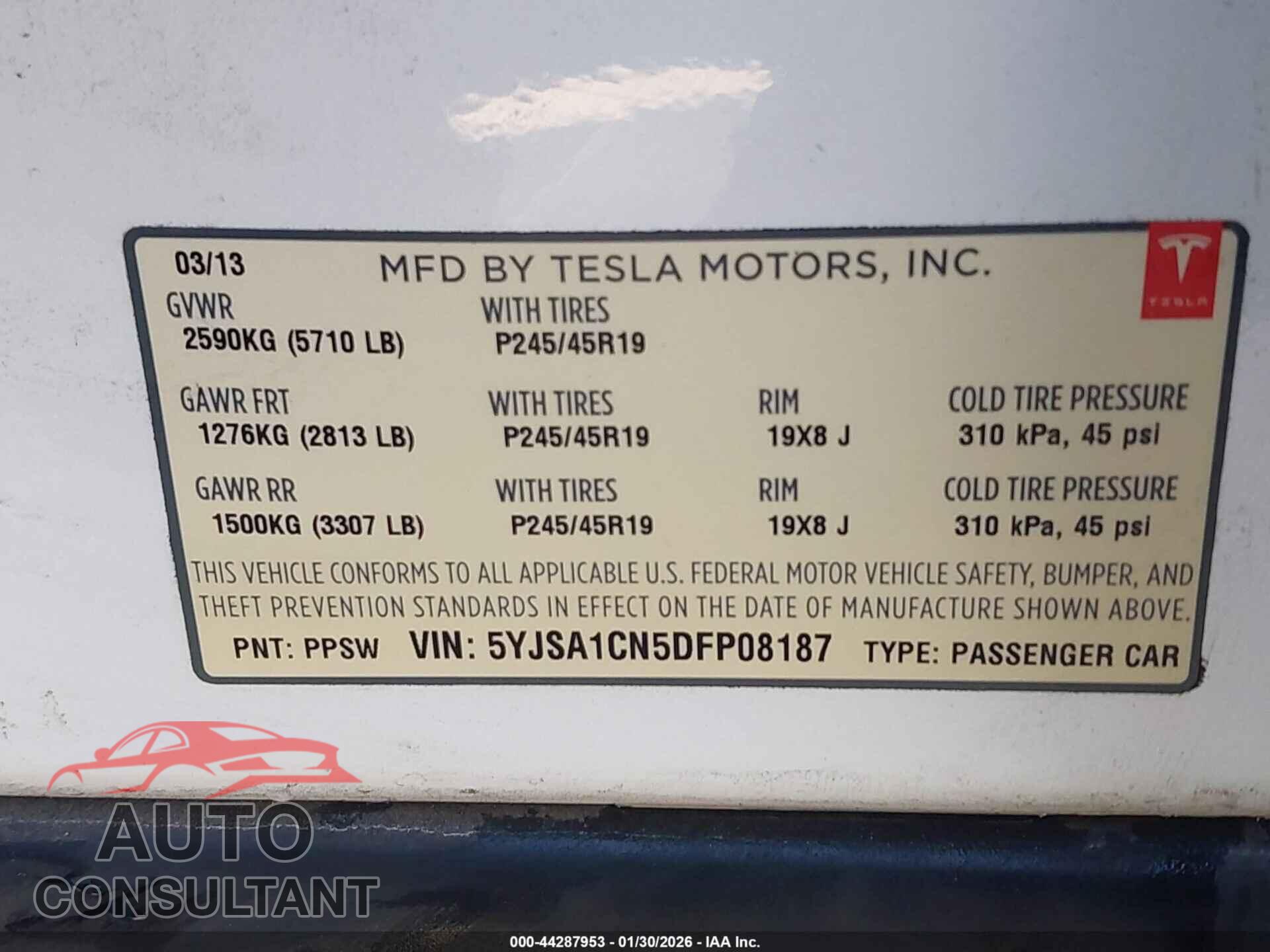 TESLA MODEL S 2013 - 5YJSA1CN5DFP08187
