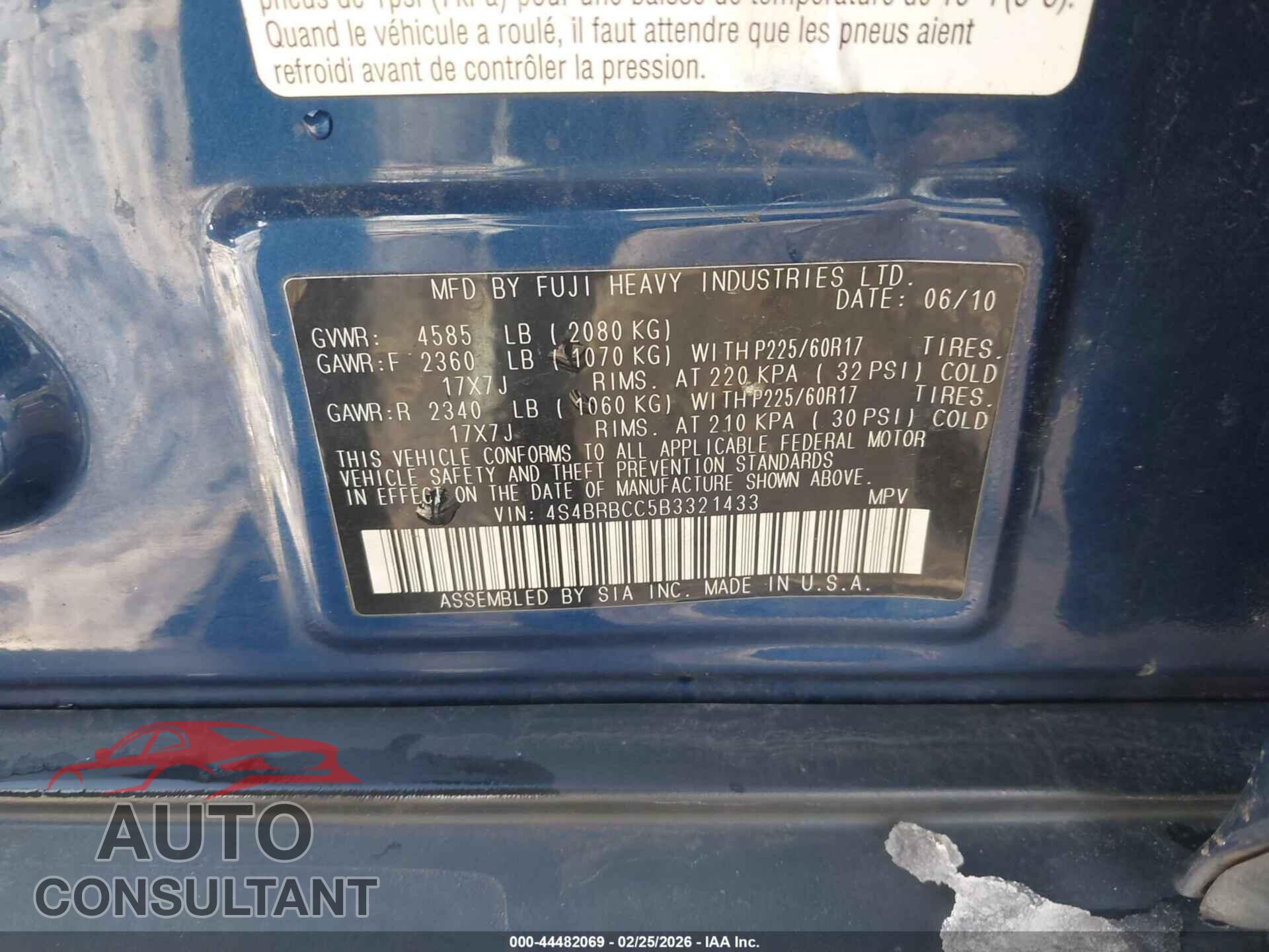 SUBARU OUTBACK 2011 - 4S4BRBCC5B3321433