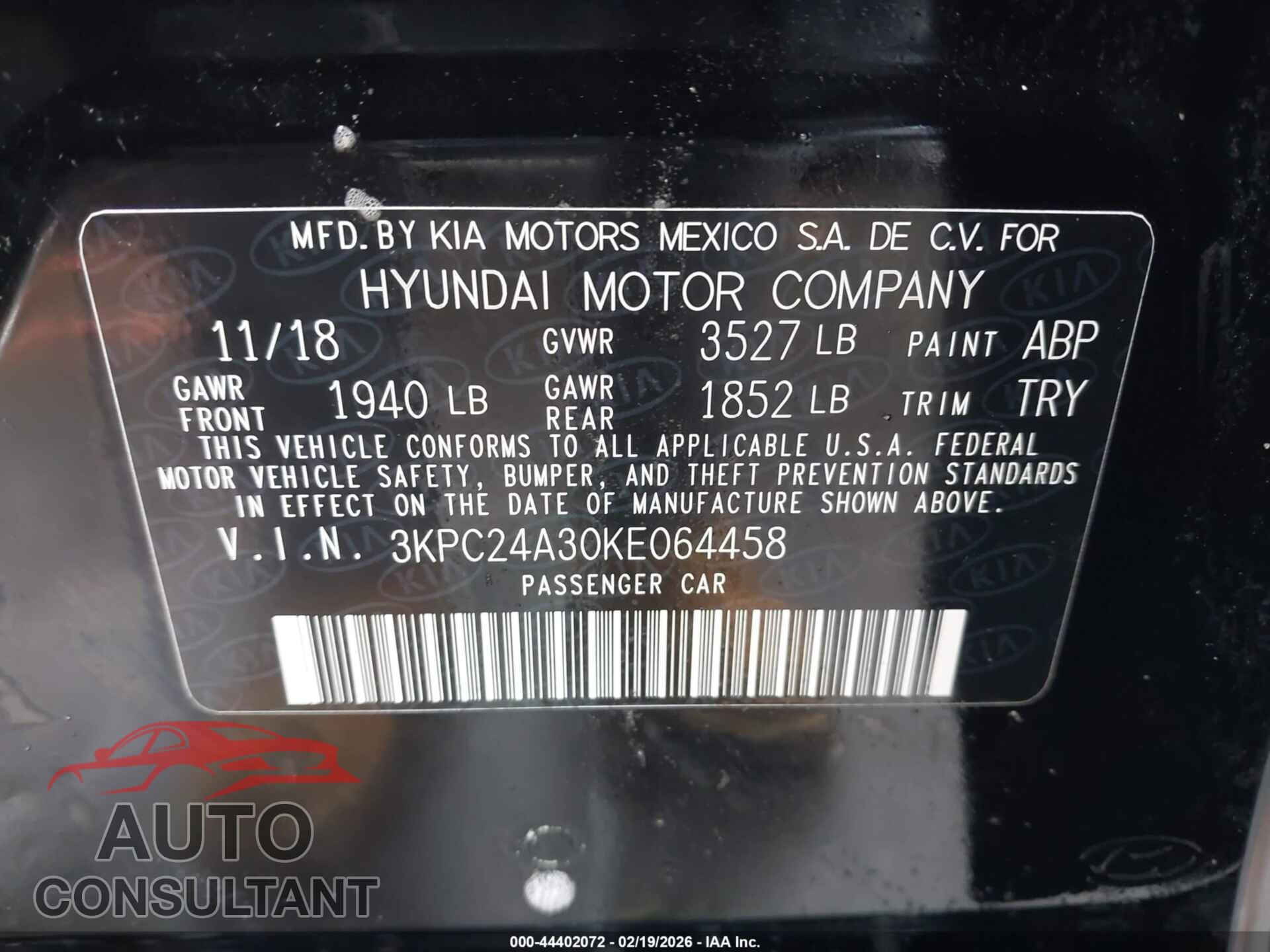 HYUNDAI ACCENT 2019 - 3KPC24A30KE064458