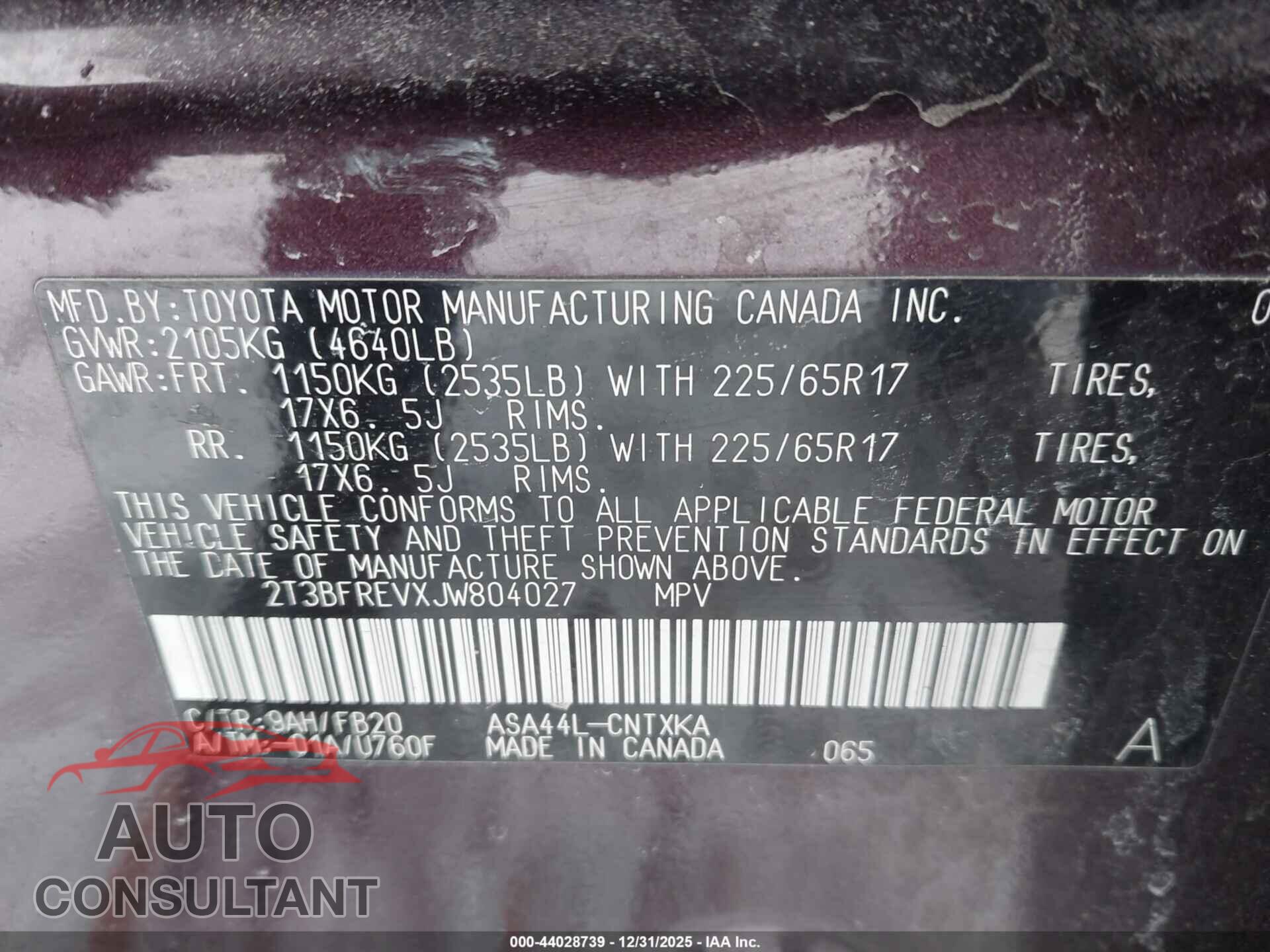TOYOTA RAV4 2018 - 2T3BFREVXJW804027
