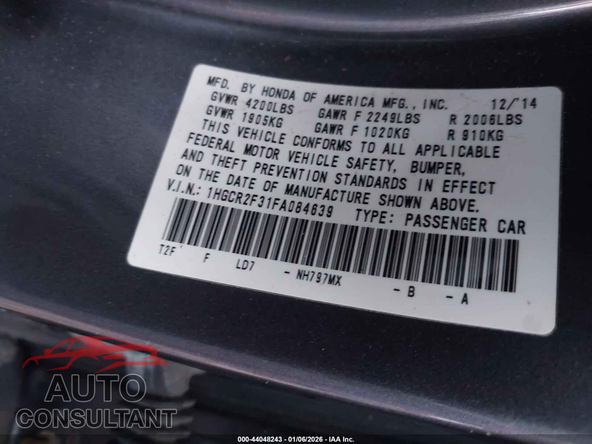 HONDA ACCORD 2015 - 1HGCR2F31FA084639