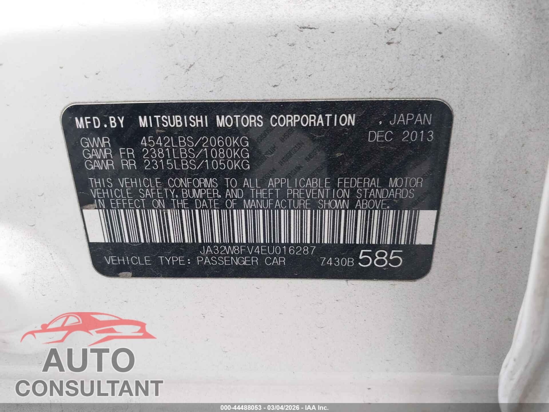 MITSUBISHI LANCER EVOLUTION 2014 - JA32W8FV4EU016287