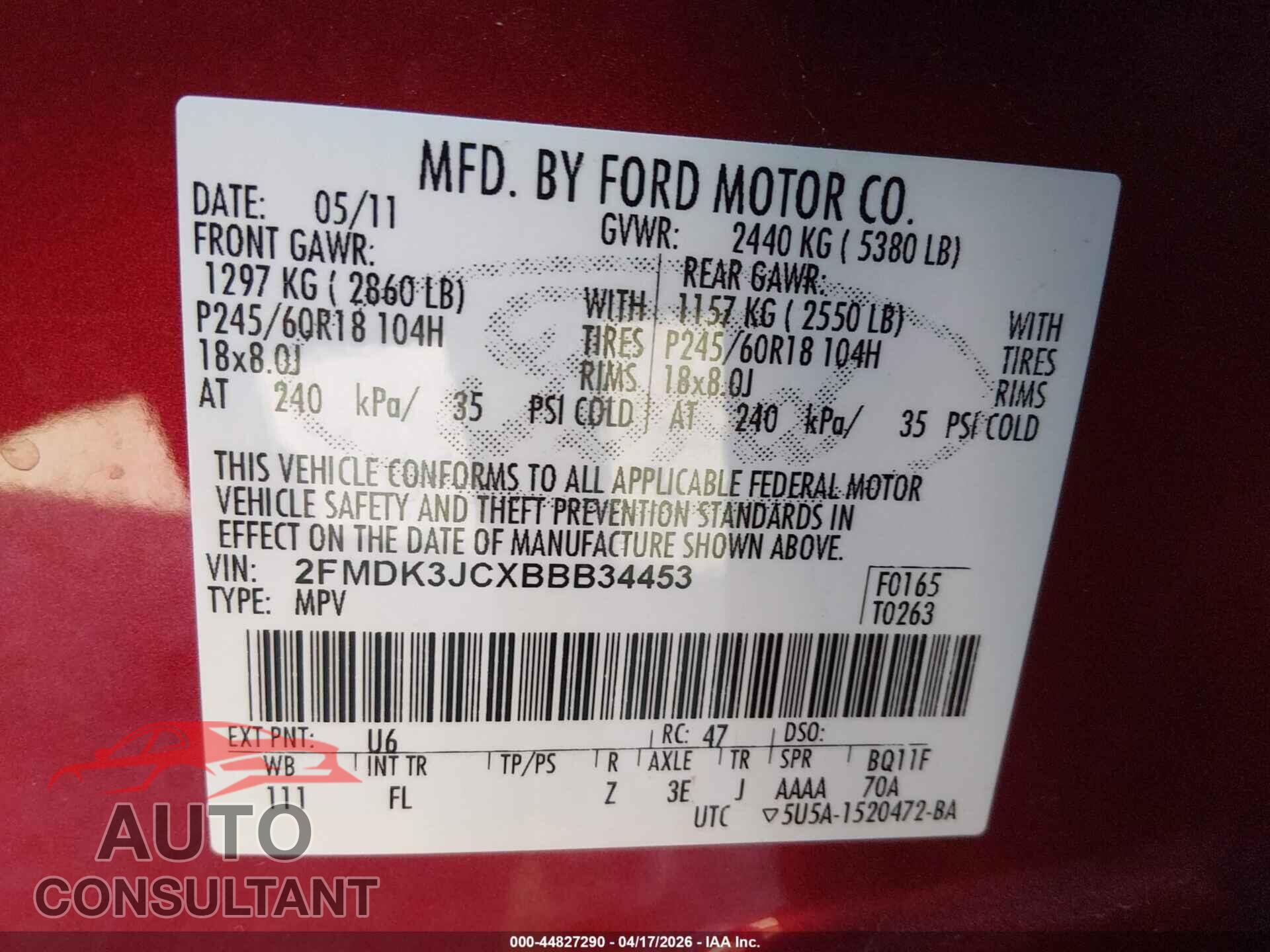 FORD EDGE 2011 - 2FMDK3JCXBBB34453