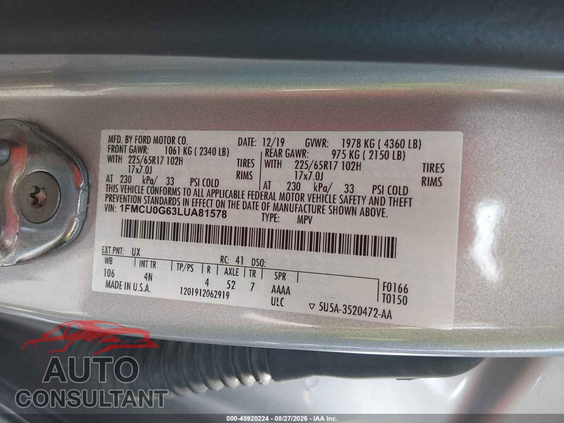 FORD ESCAPE 2020 - 1FMCU0G63LUA81578