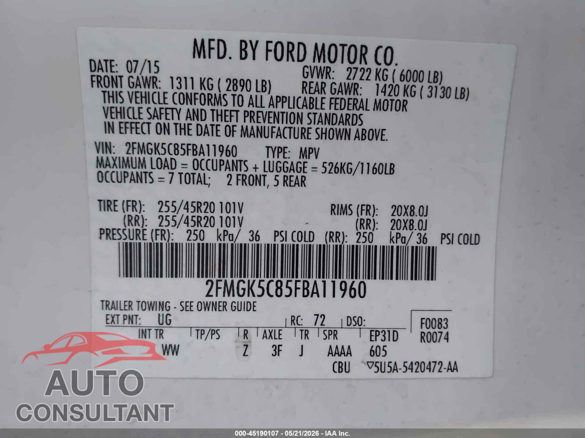 FORD FLEX 2015 - 2FMGK5C85FBA11960
