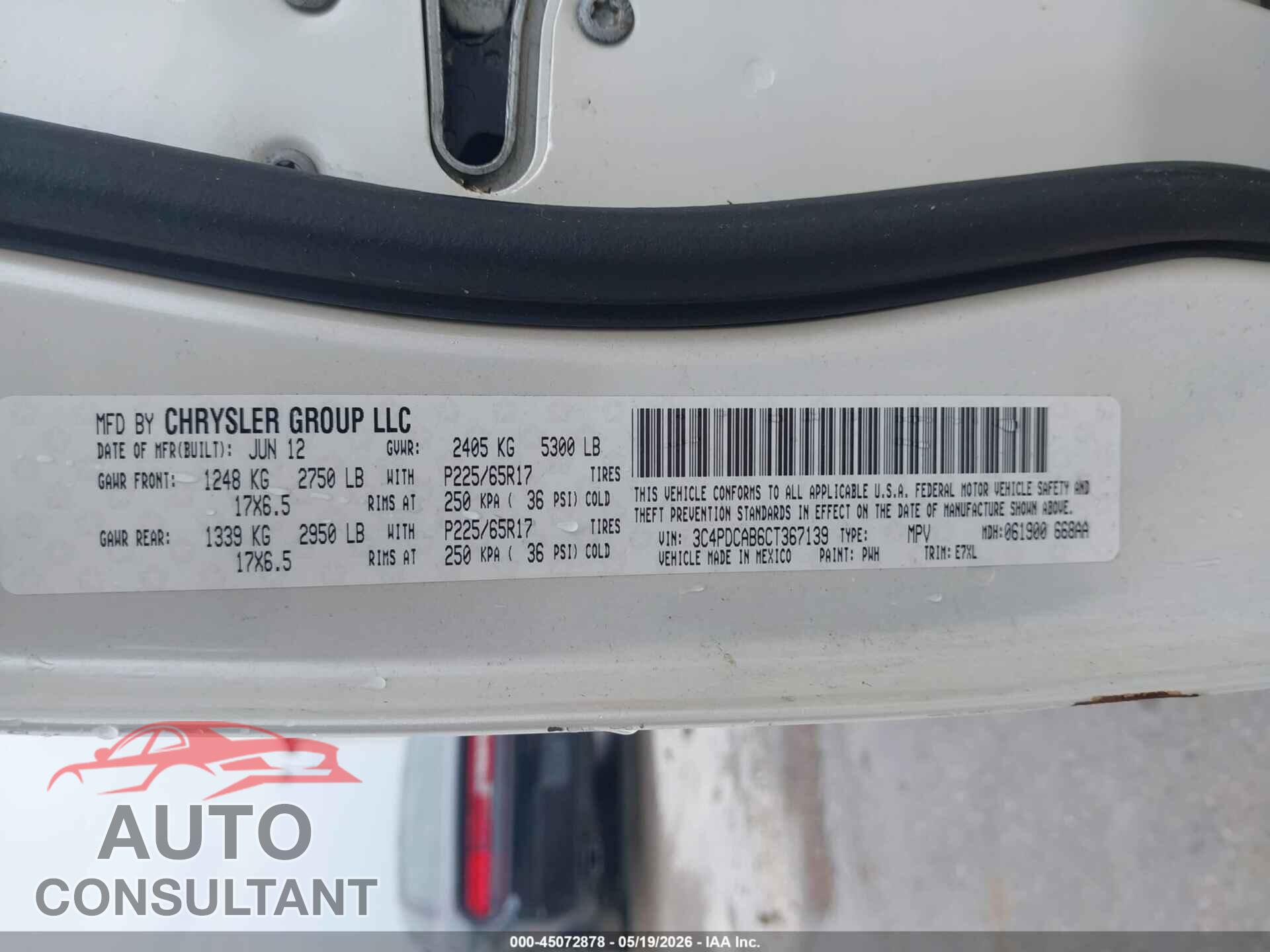 DODGE JOURNEY 2012 - 3C4PDCAB6CT367139