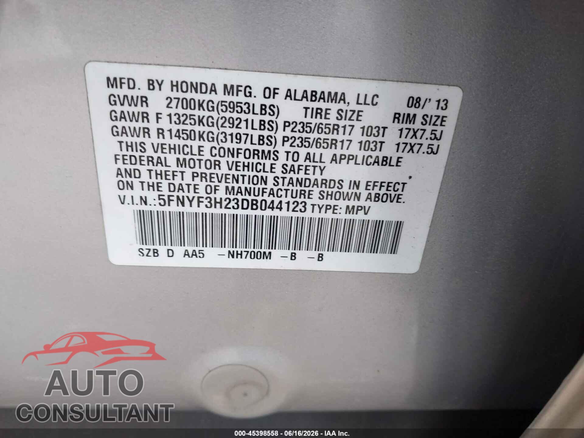 HONDA PILOT 2013 - 5FNYF3H23DB044123