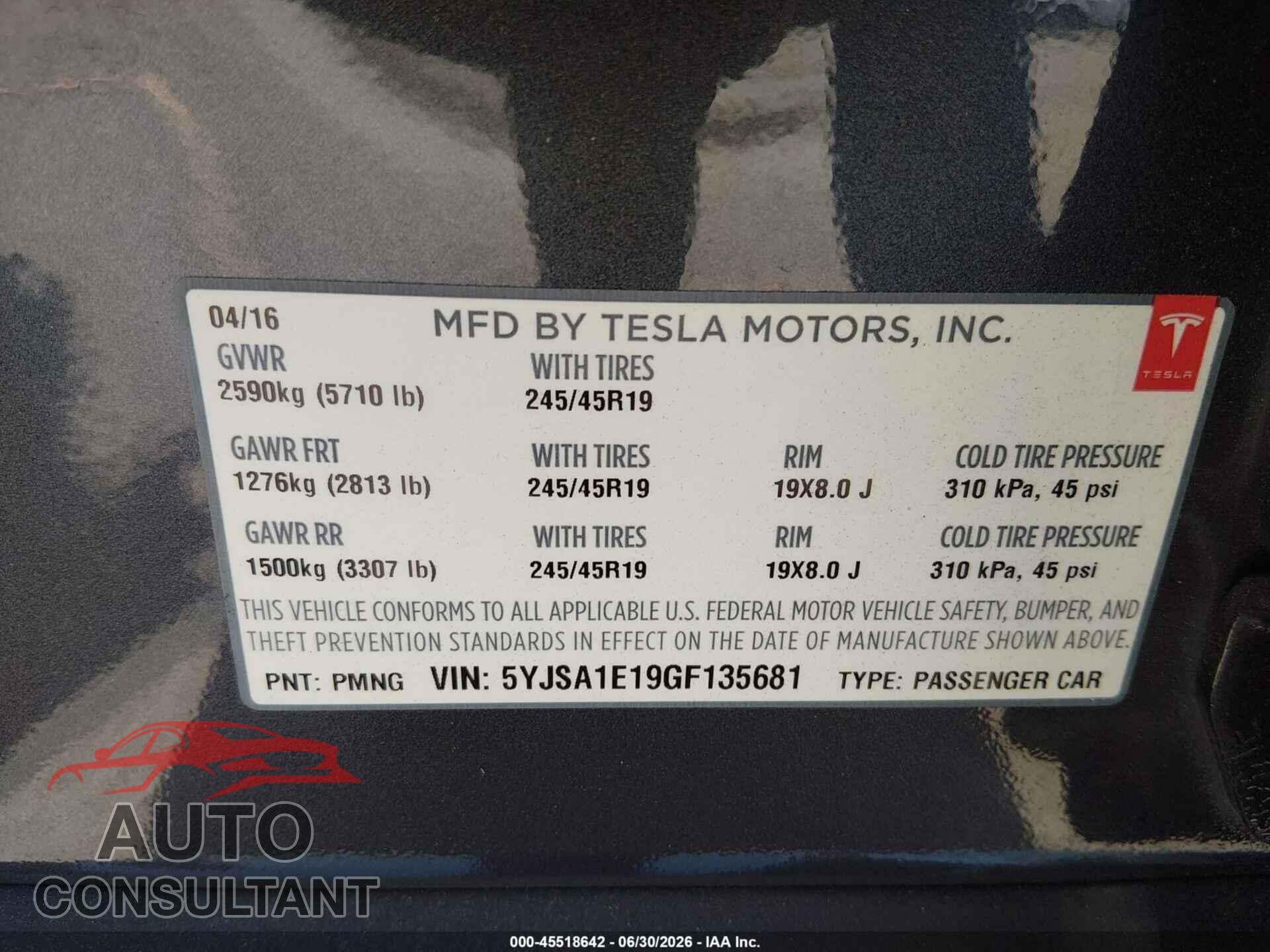 TESLA MODEL S 2016 - 5YJSA1E19GF135681