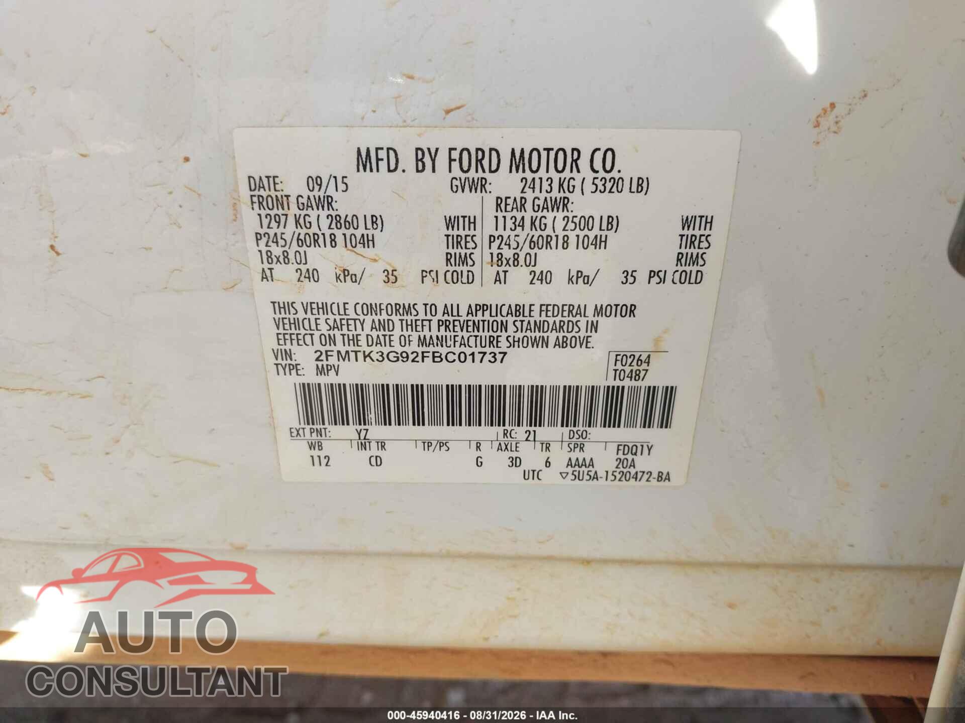 FORD EDGE 2015 - 2FMTK3G92FBC01737