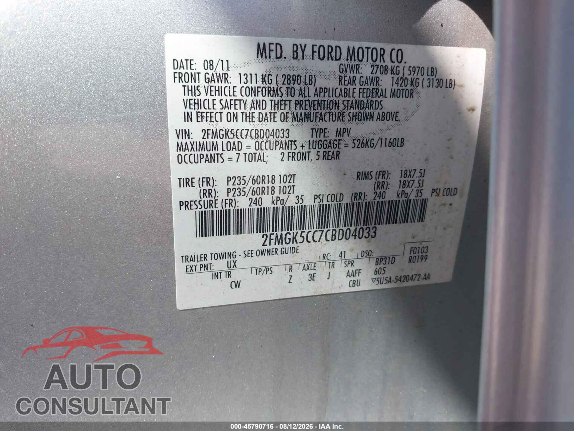 FORD FLEX 2012 - 2FMGK5CC7CBD04033