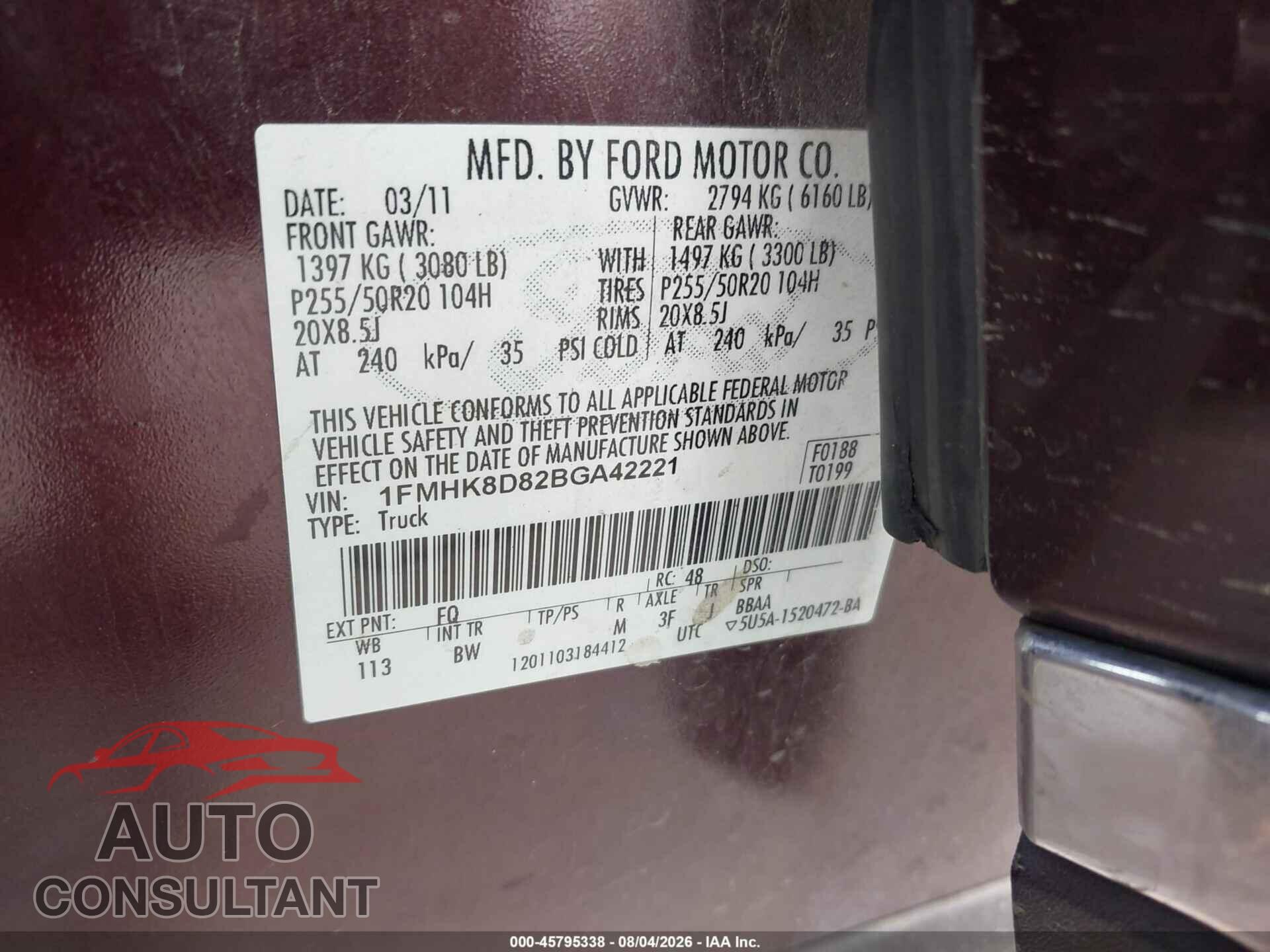 FORD EXPLORER 2011 - 1FMHK8D82BGA42221