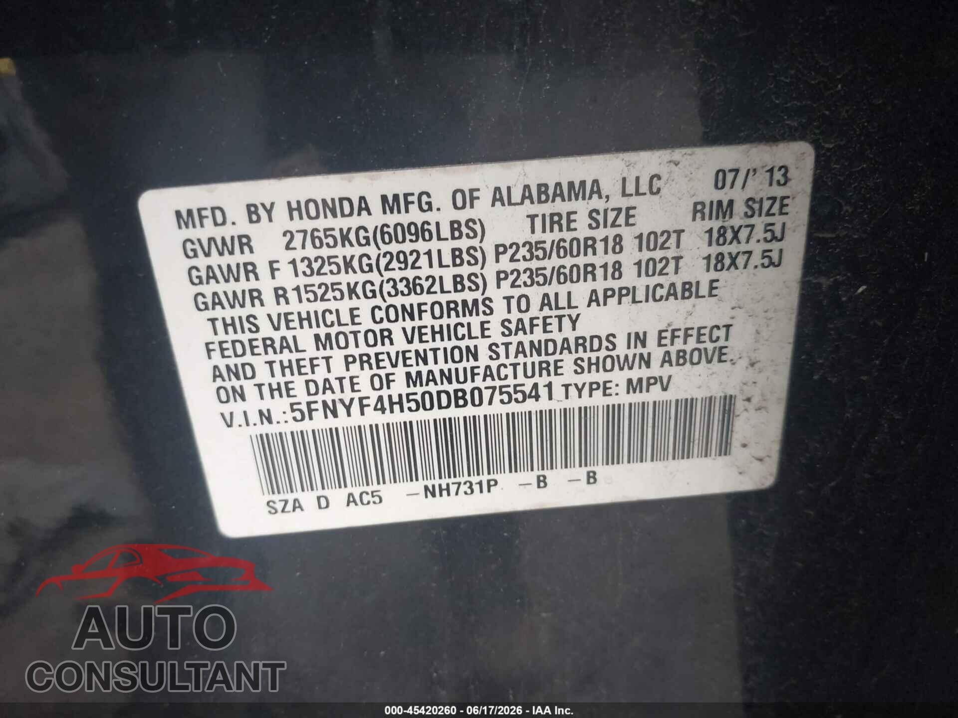 HONDA PILOT 2013 - 5FNYF4H50DB075541