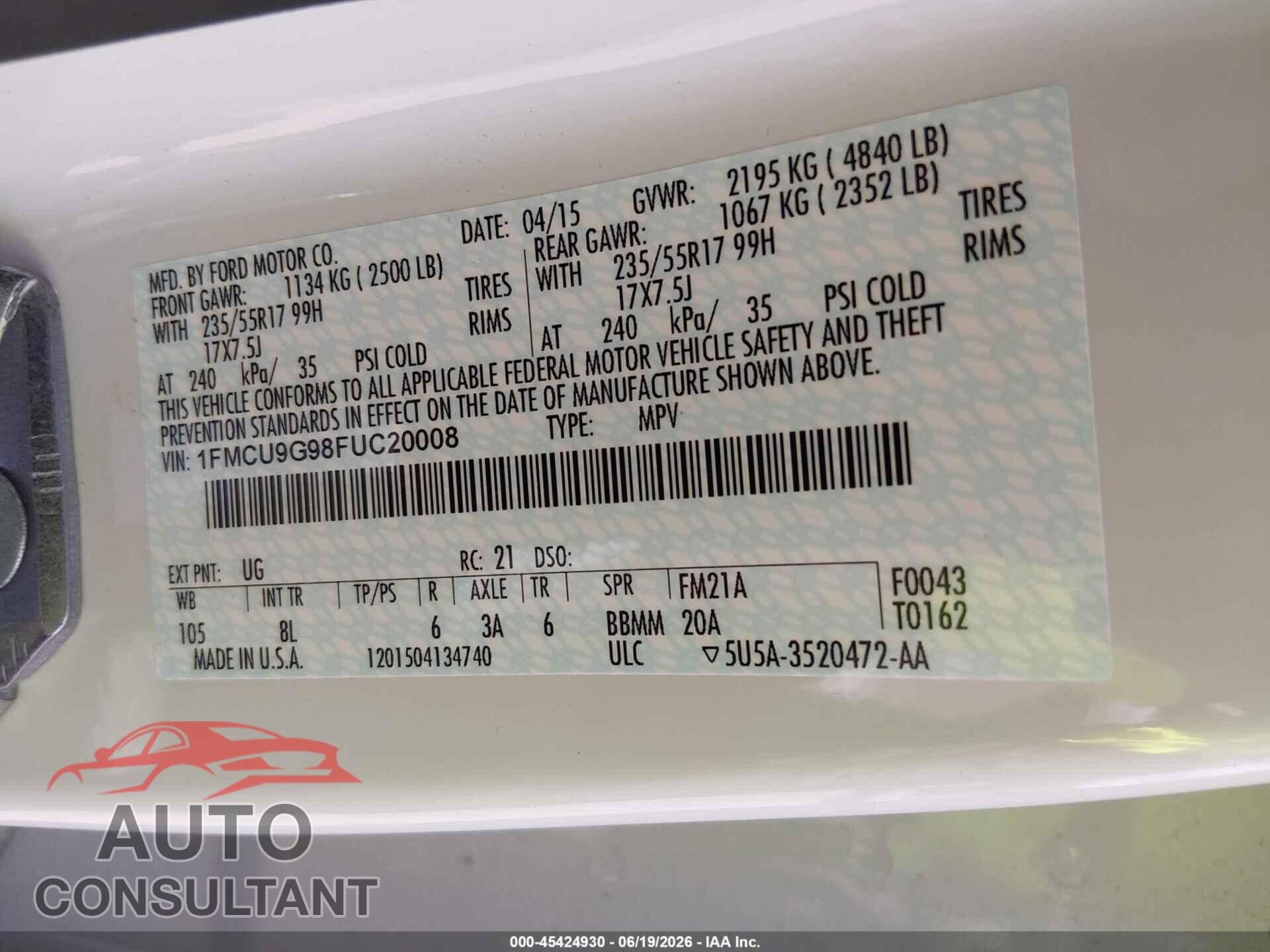 FORD ESCAPE 2015 - 1FMCU9G98FUC20008
