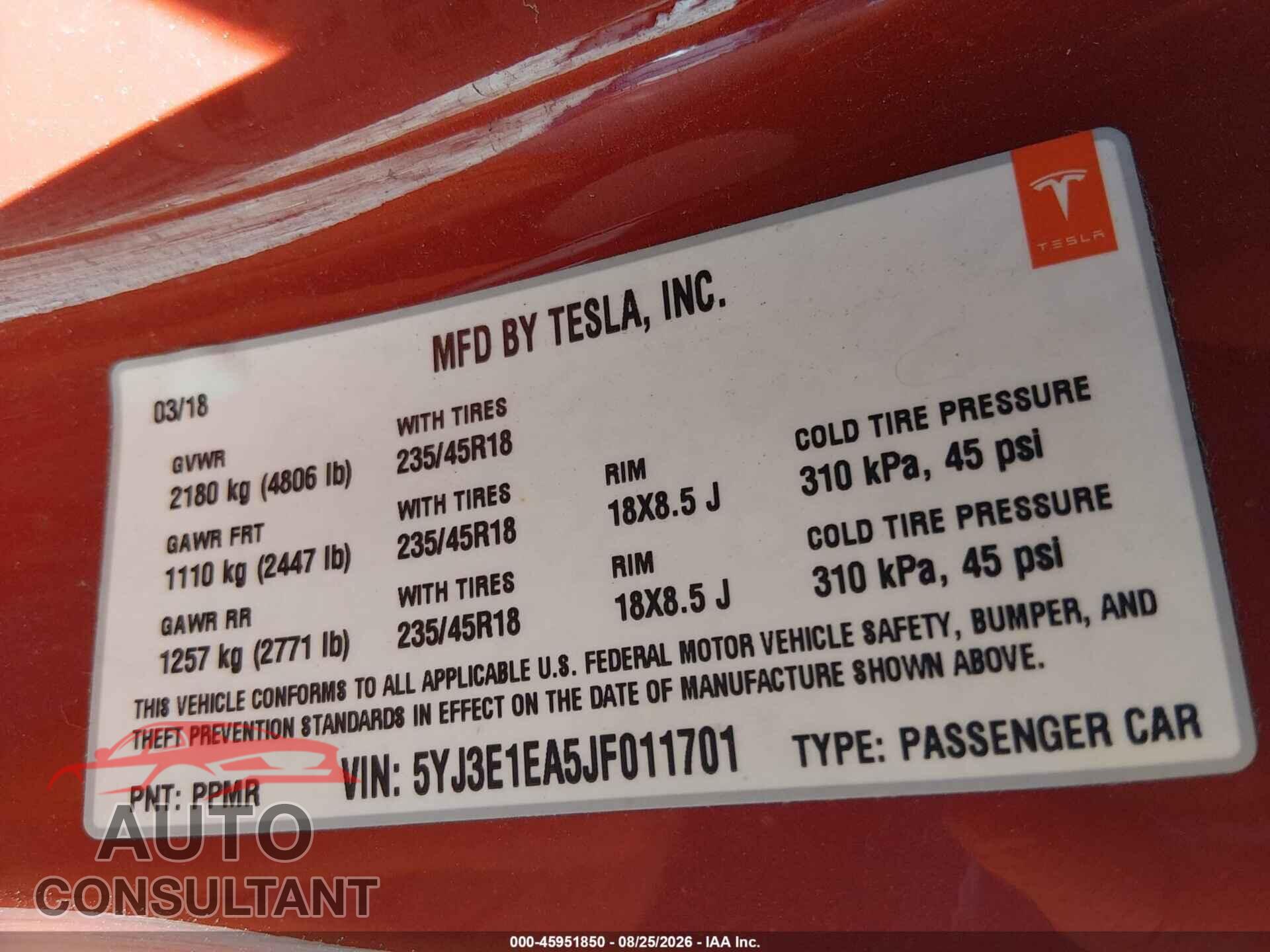 TESLA MODEL 3 2018 - 5YJ3E1EA5JF011701