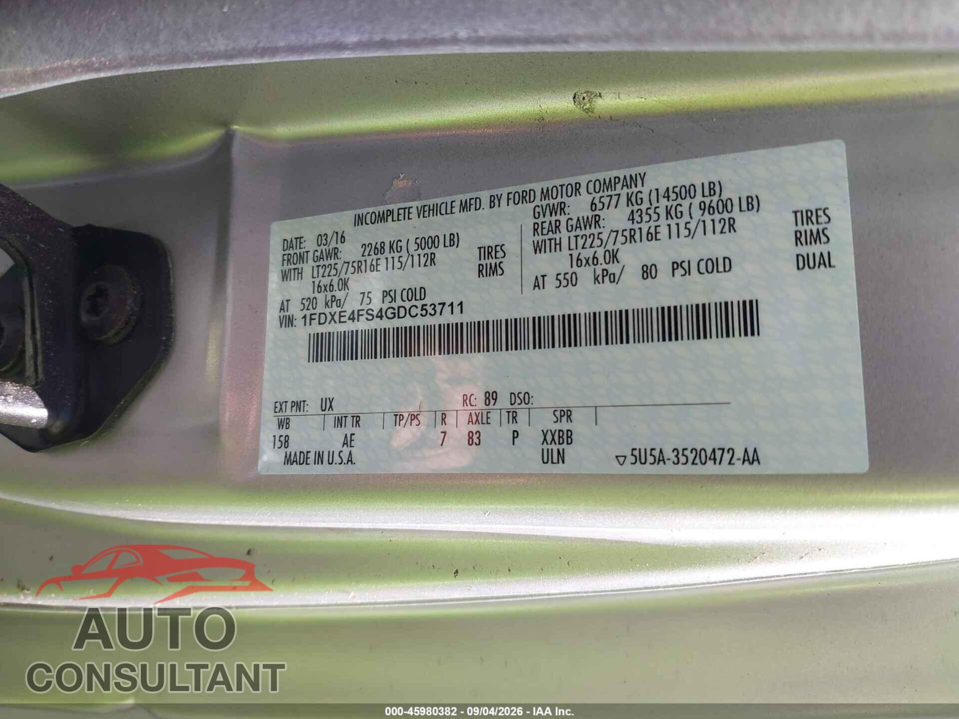 FORD E-450 CUTAWAY 2016 - 1FDXE4FS4GDC53711