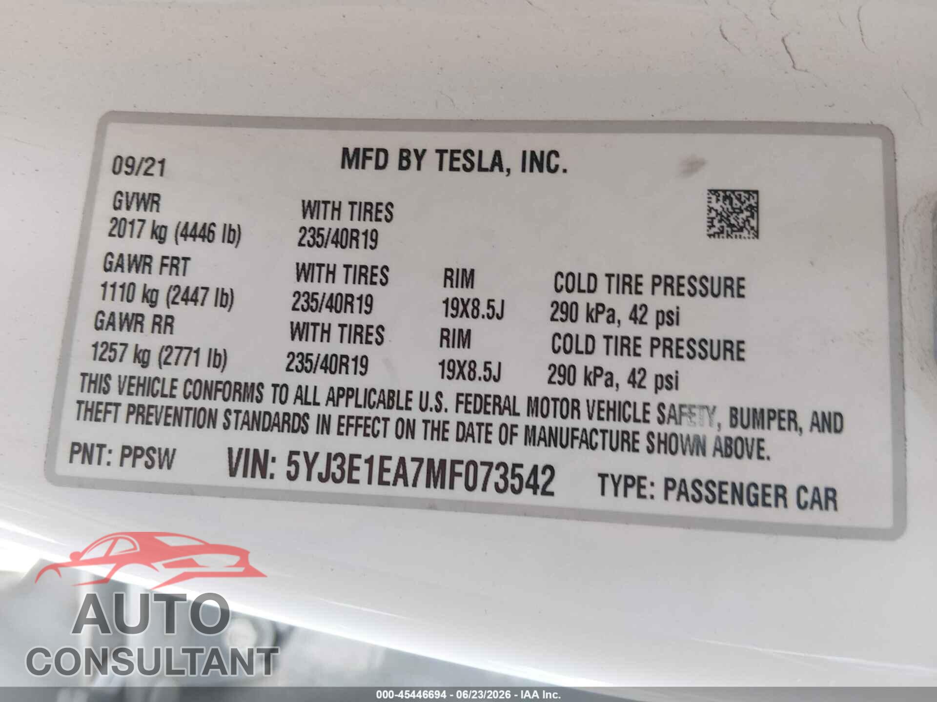 TESLA MODEL 3 2021 - 5YJ3E1EA7MF073542