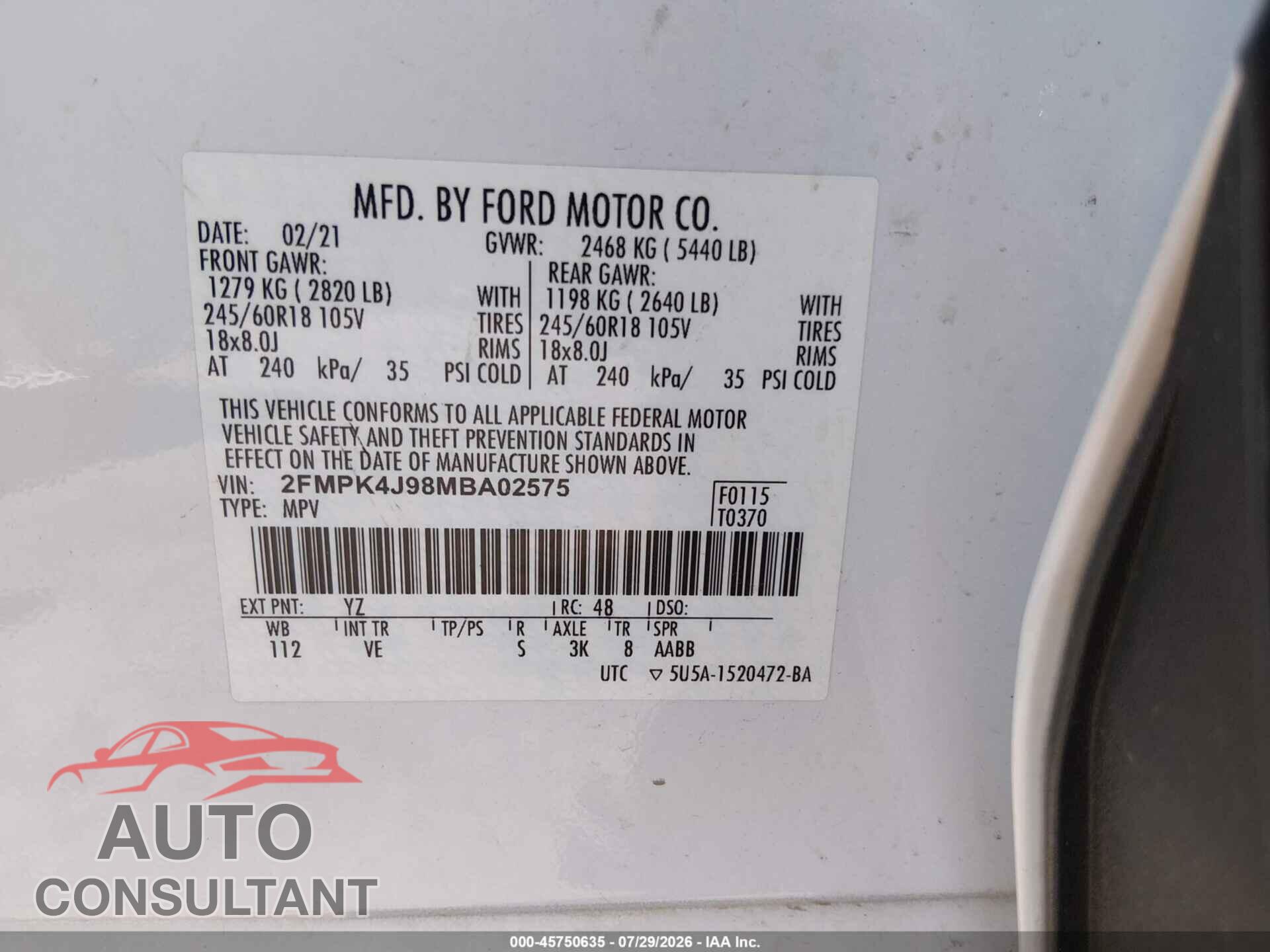 FORD EDGE 2021 - 2FMPK4J98MBA02575