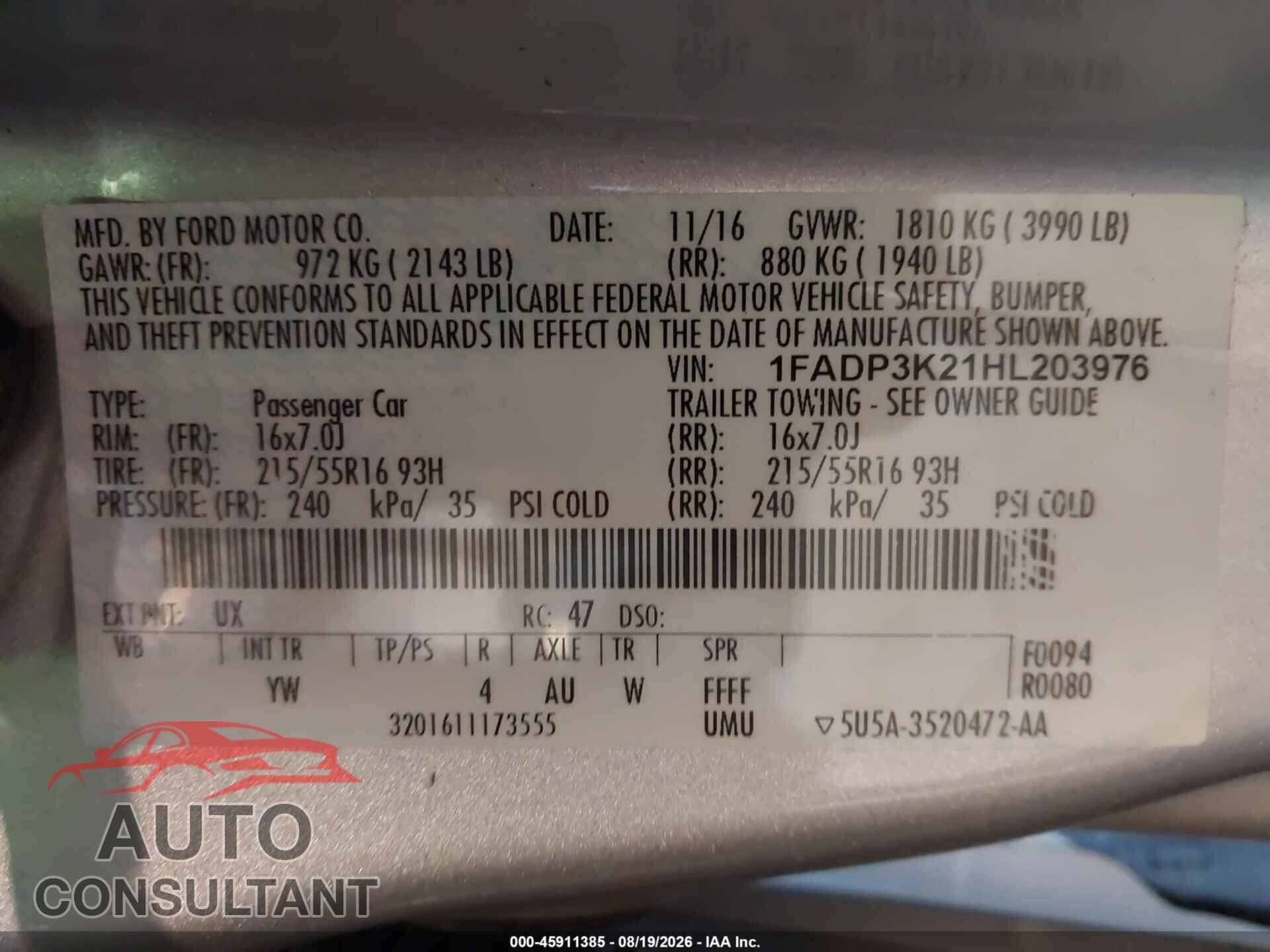 FORD FOCUS 2017 - 1FADP3K21HL203976
