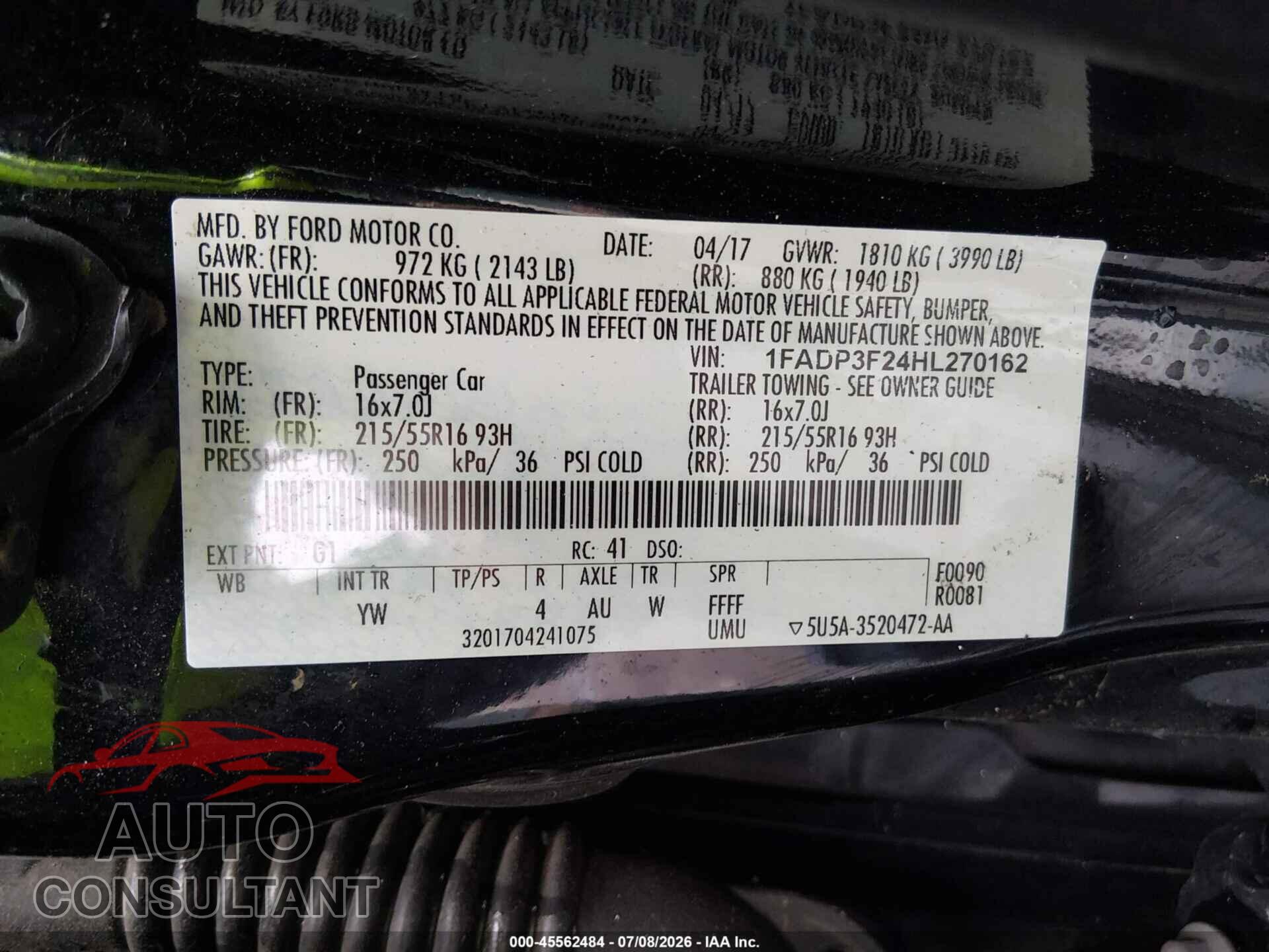 FORD FOCUS 2017 - 1FADP3F24HL270162
