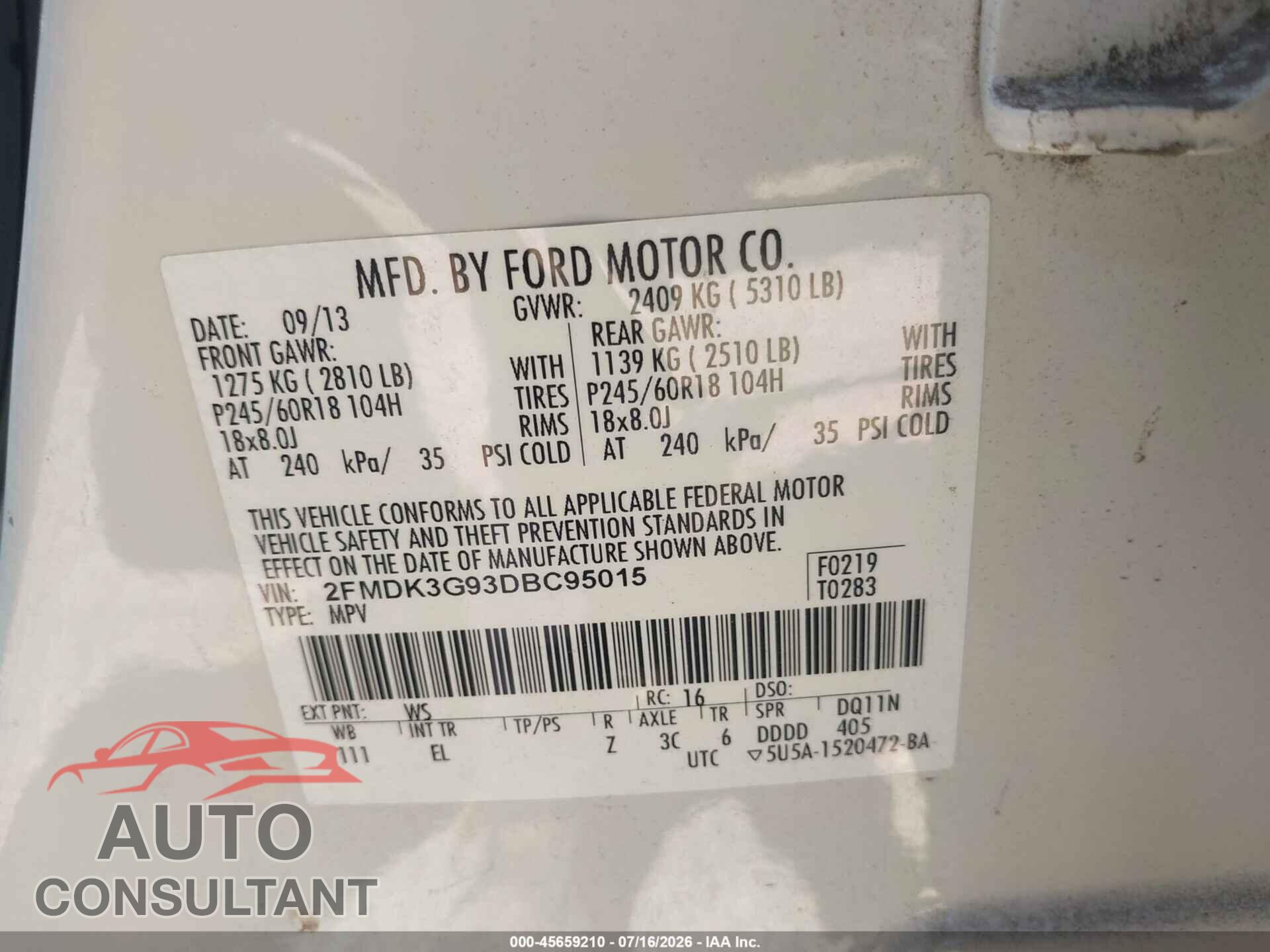 FORD EDGE 2013 - 2FMDK3G93DBC95015