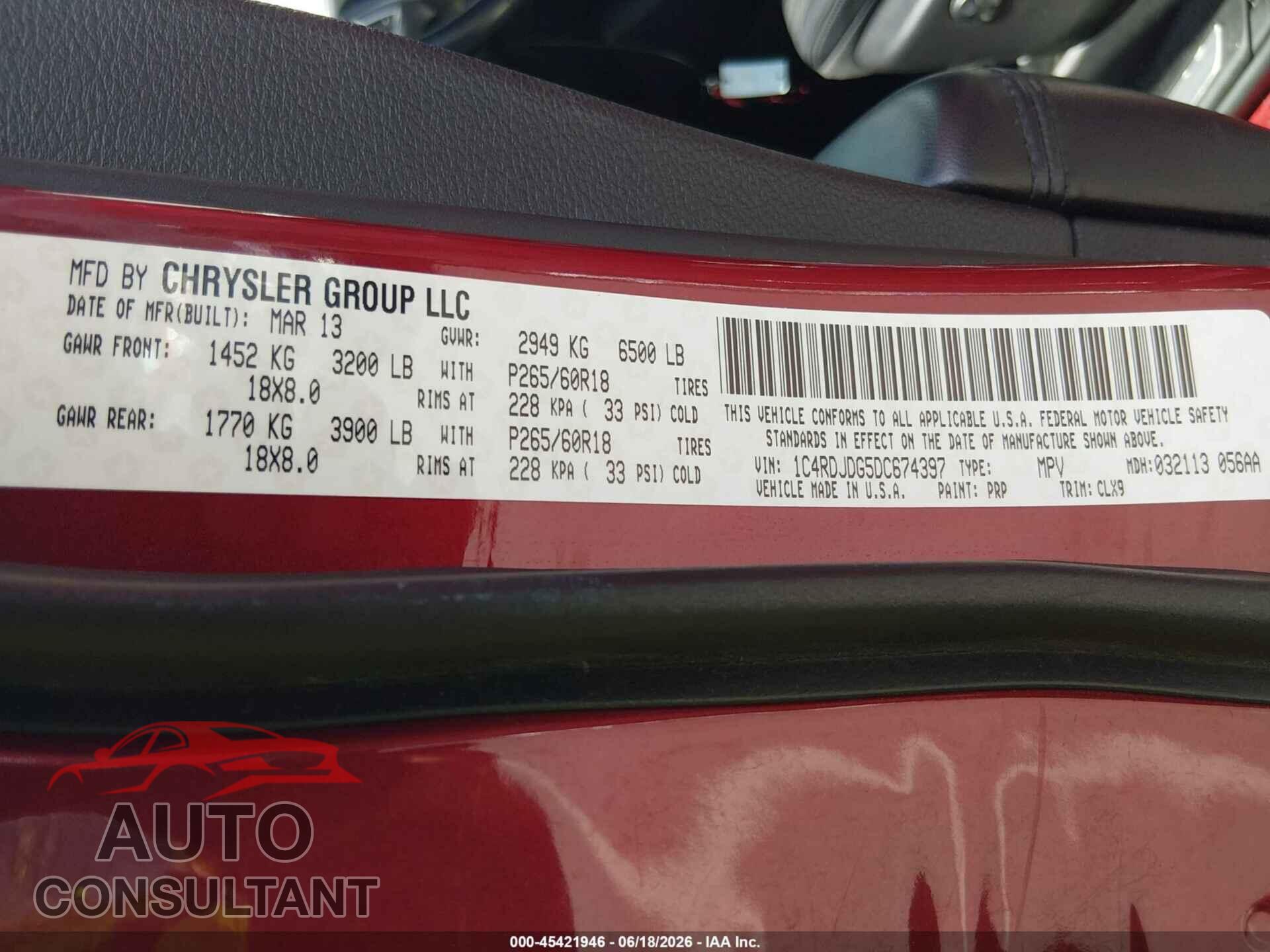 DODGE DURANGO 2013 - 1C4RDJDG5DC674397