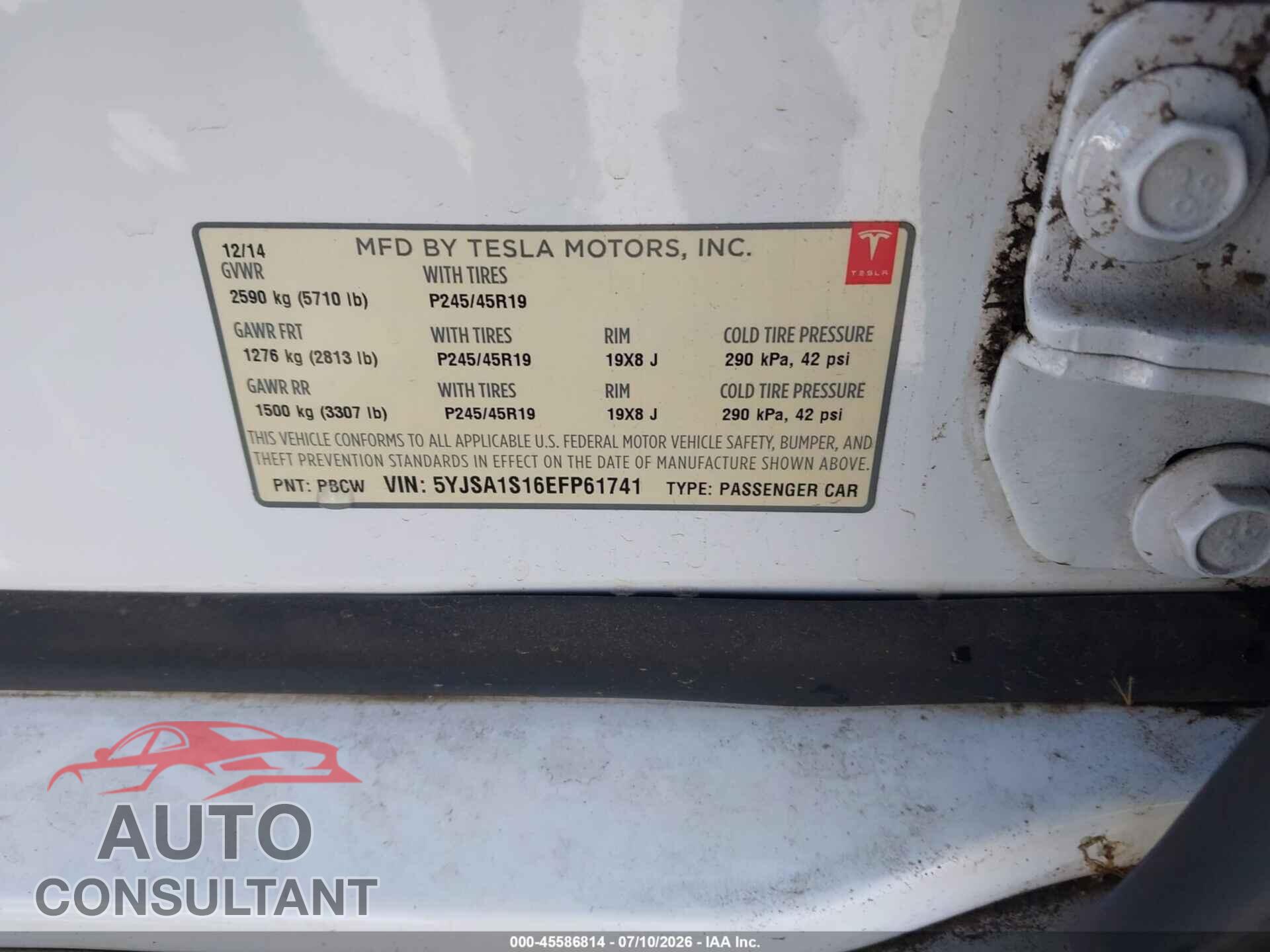 TESLA MODEL S 2014 - 5YJSA1S16EFP61741