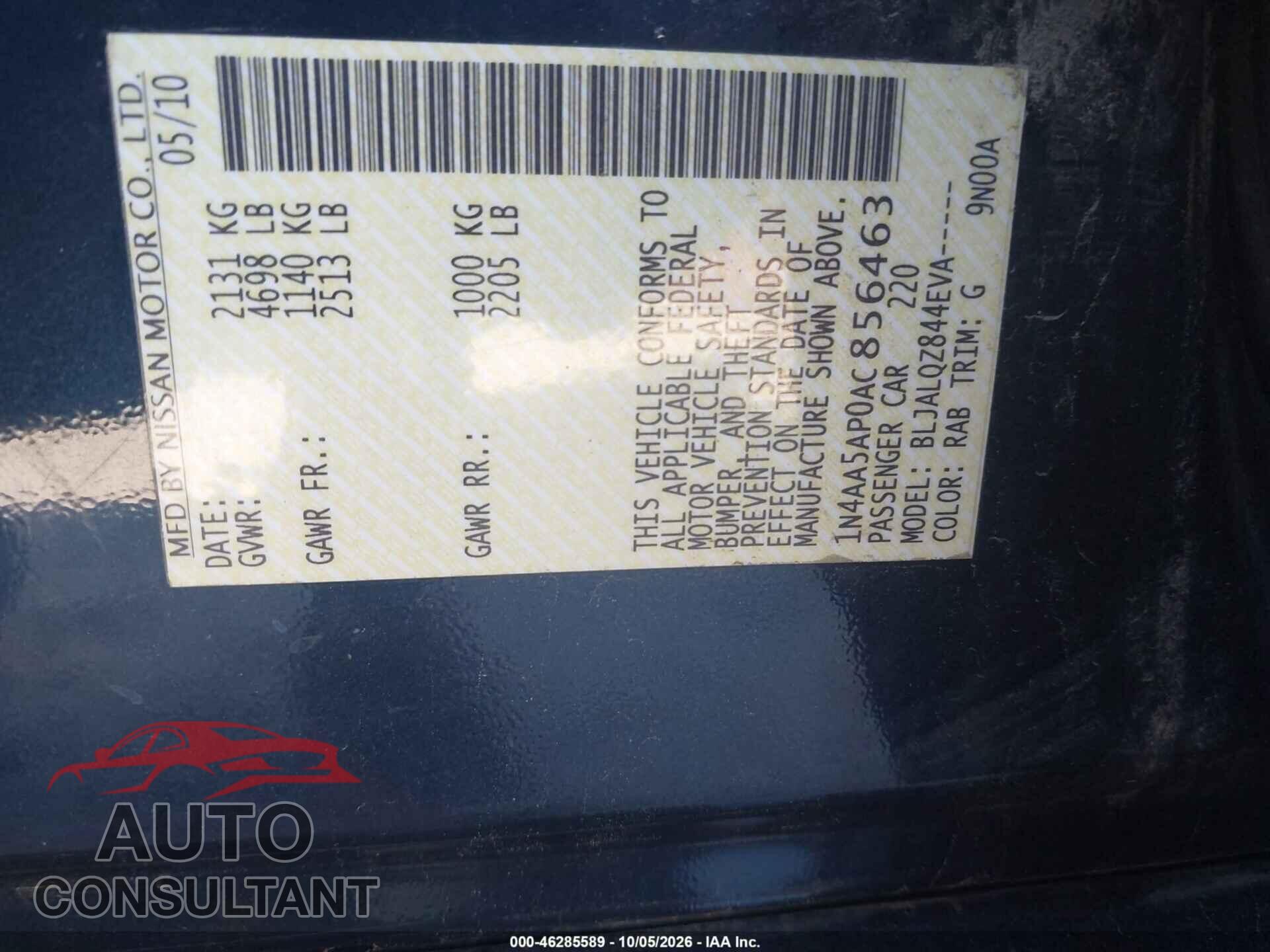 NISSAN MAXIMA 2010 - 1N4AA5AP0AC856463