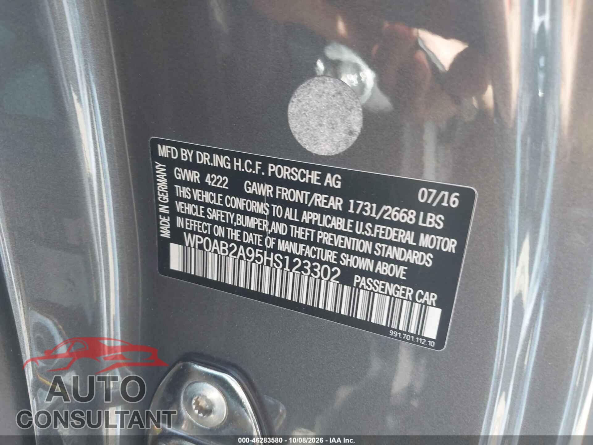 PORSCHE 911 2017 - WP0AB2A95HS123302