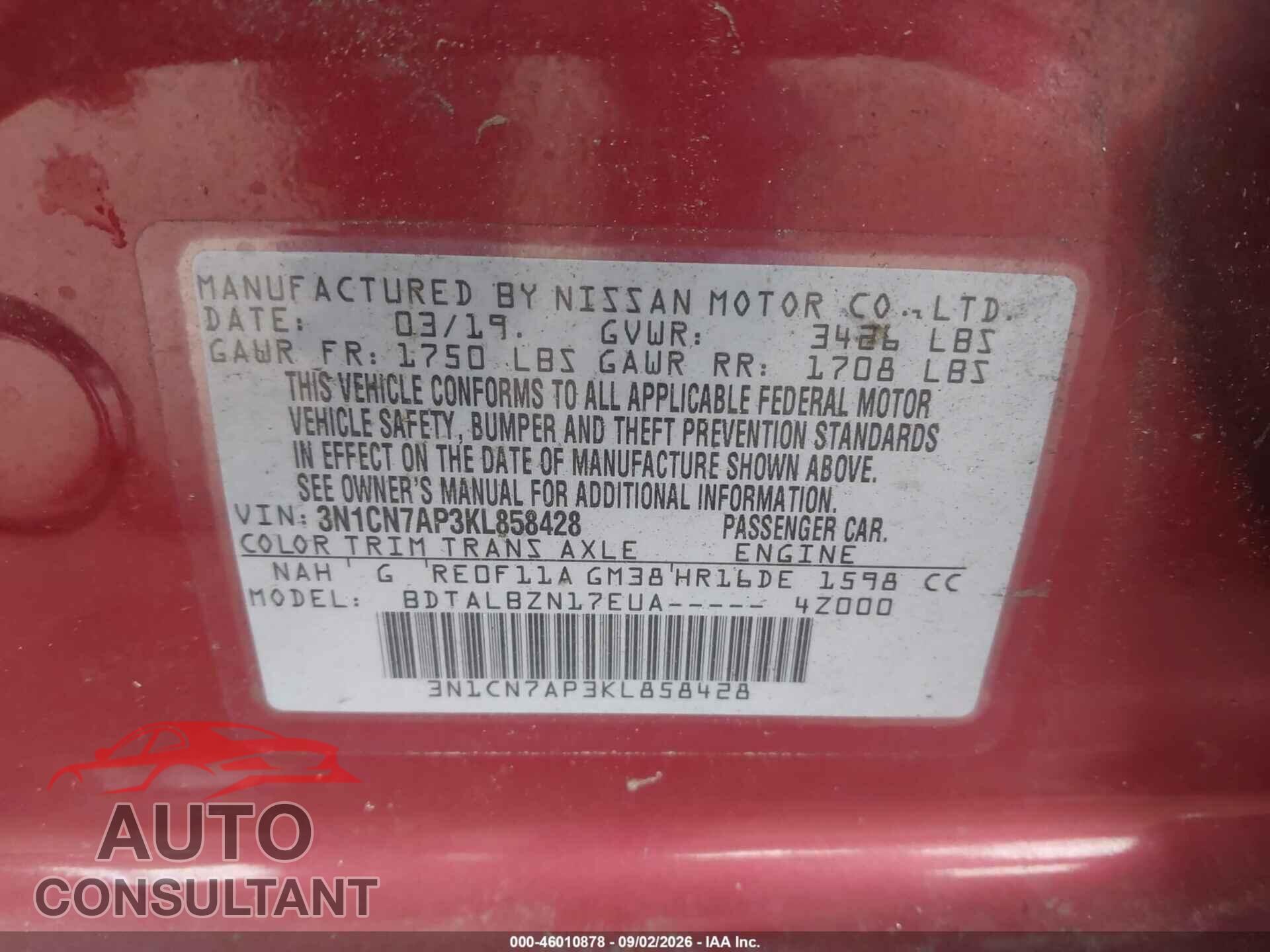 NISSAN VERSA 2019 - 3N1CN7AP3KL858428