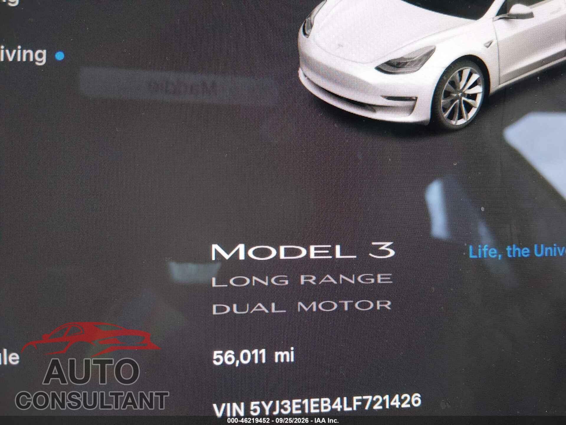 TESLA MODEL 3 2020 - 5YJ3E1EB4LF721426