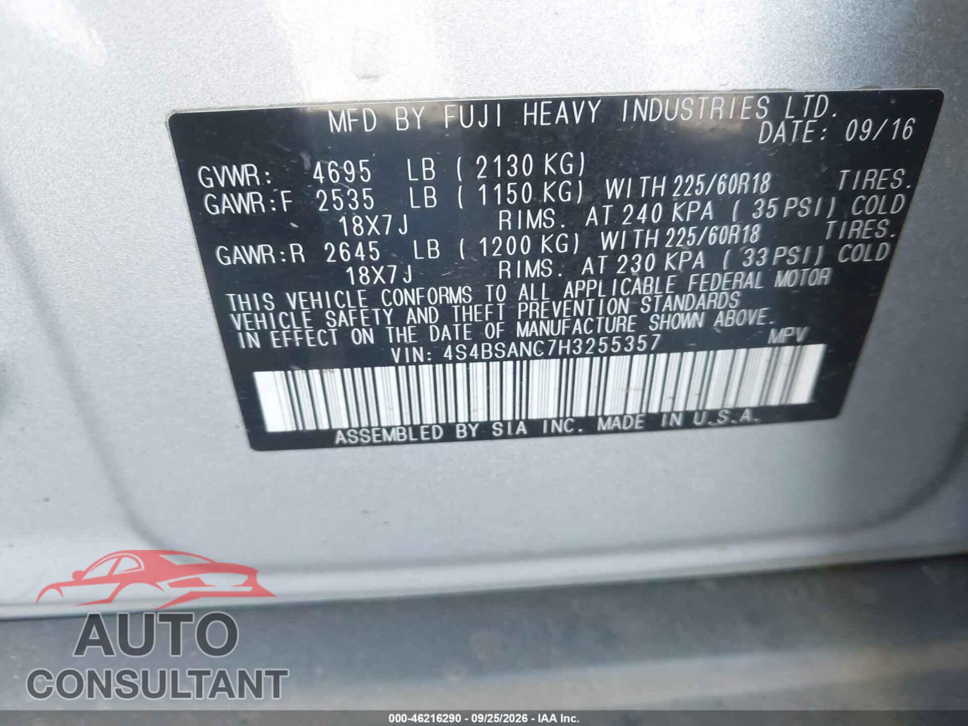 SUBARU OUTBACK 2017 - 4S4BSANC7H3255357