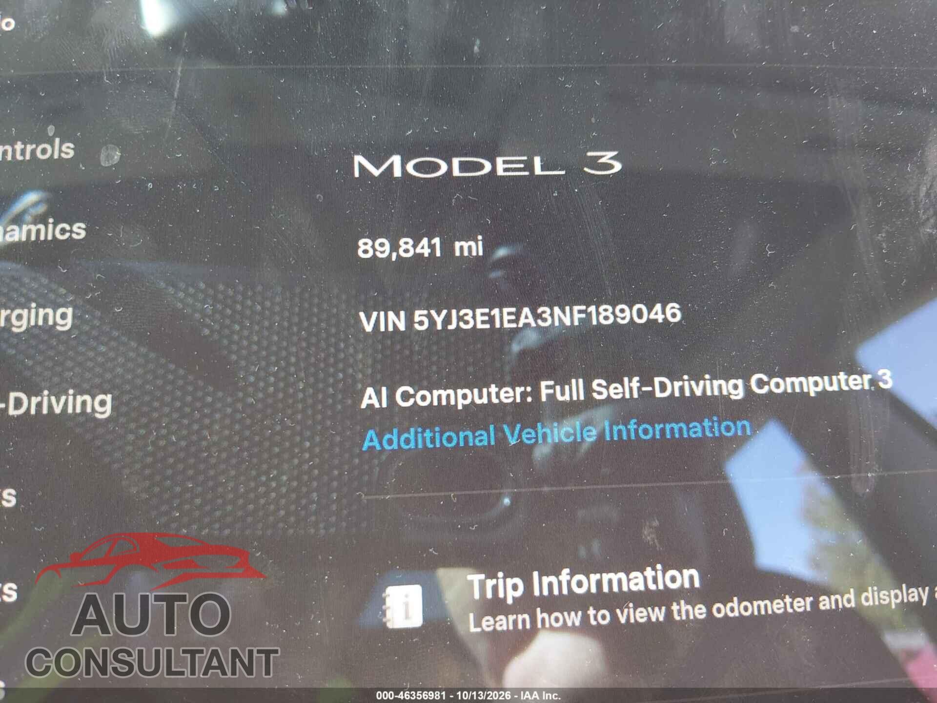 TESLA MODEL 3 2022 - 5YJ3E1EA3NF189046