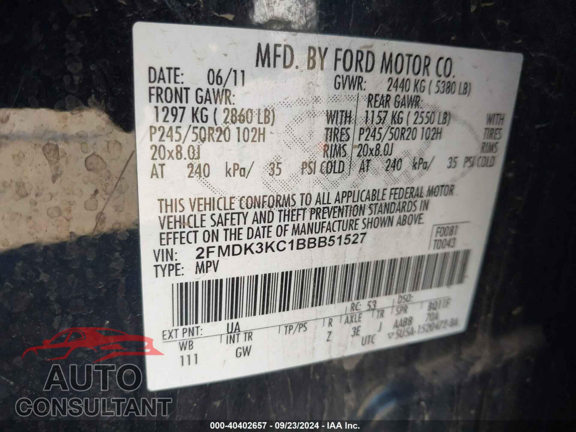 FORD EDGE 2011 - 2FMDK3KC1BBB51527