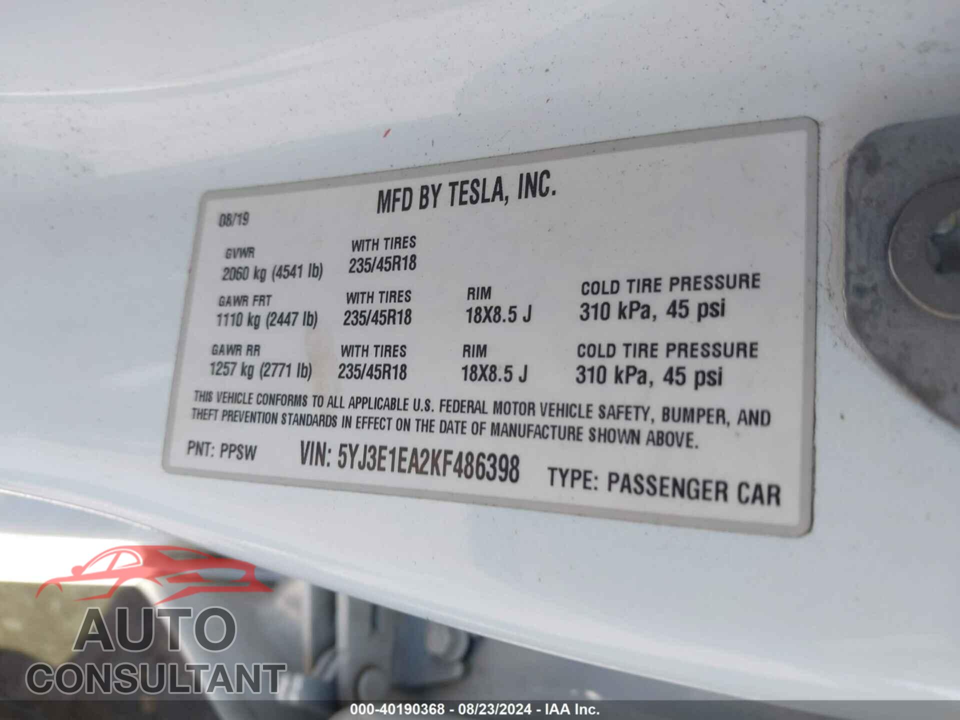 TESLA MODEL 3 2019 - 5YJ3E1EA2KF486398