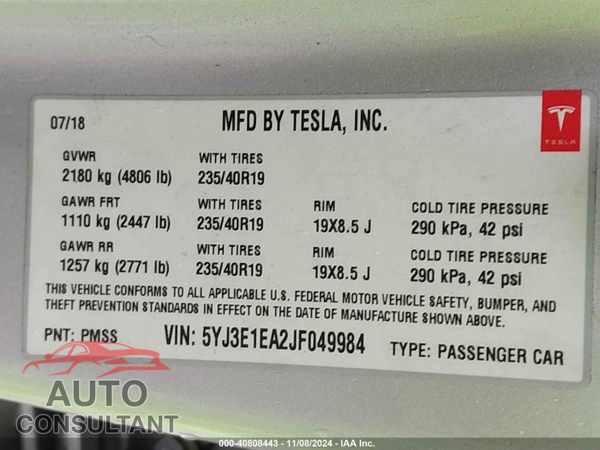 TESLA MODEL 3 2018 - 5YJ3E1EA2JF049984