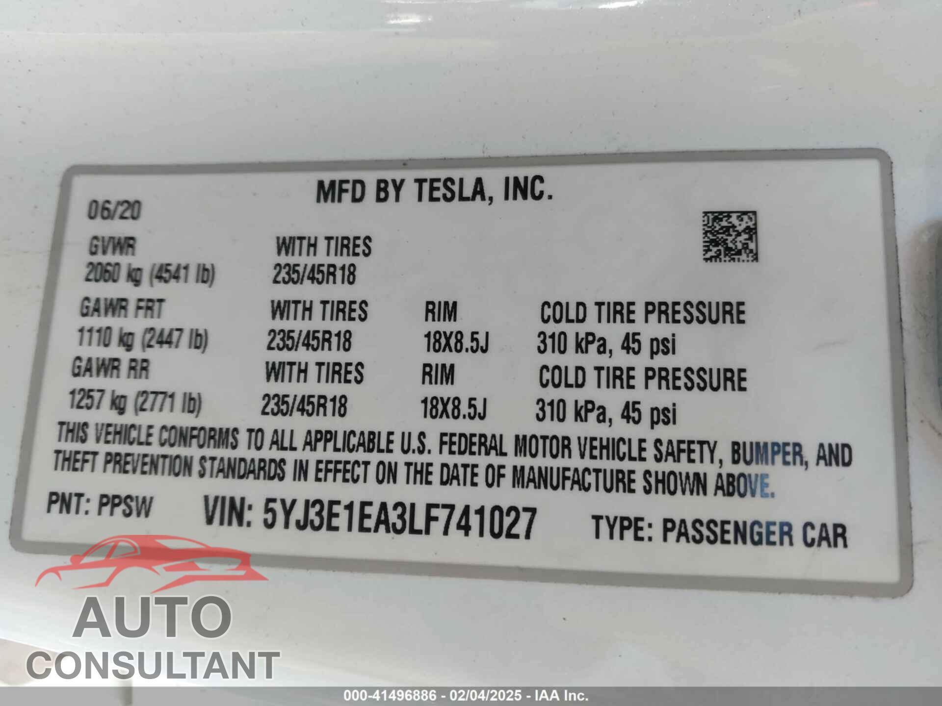 TESLA MODEL 3 2020 - 5YJ3E1EA3LF741027