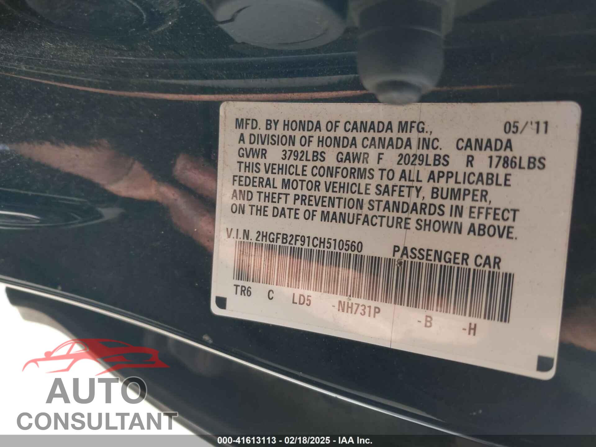 HONDA CIVIC 2012 - 2HGFB2F91CH510560