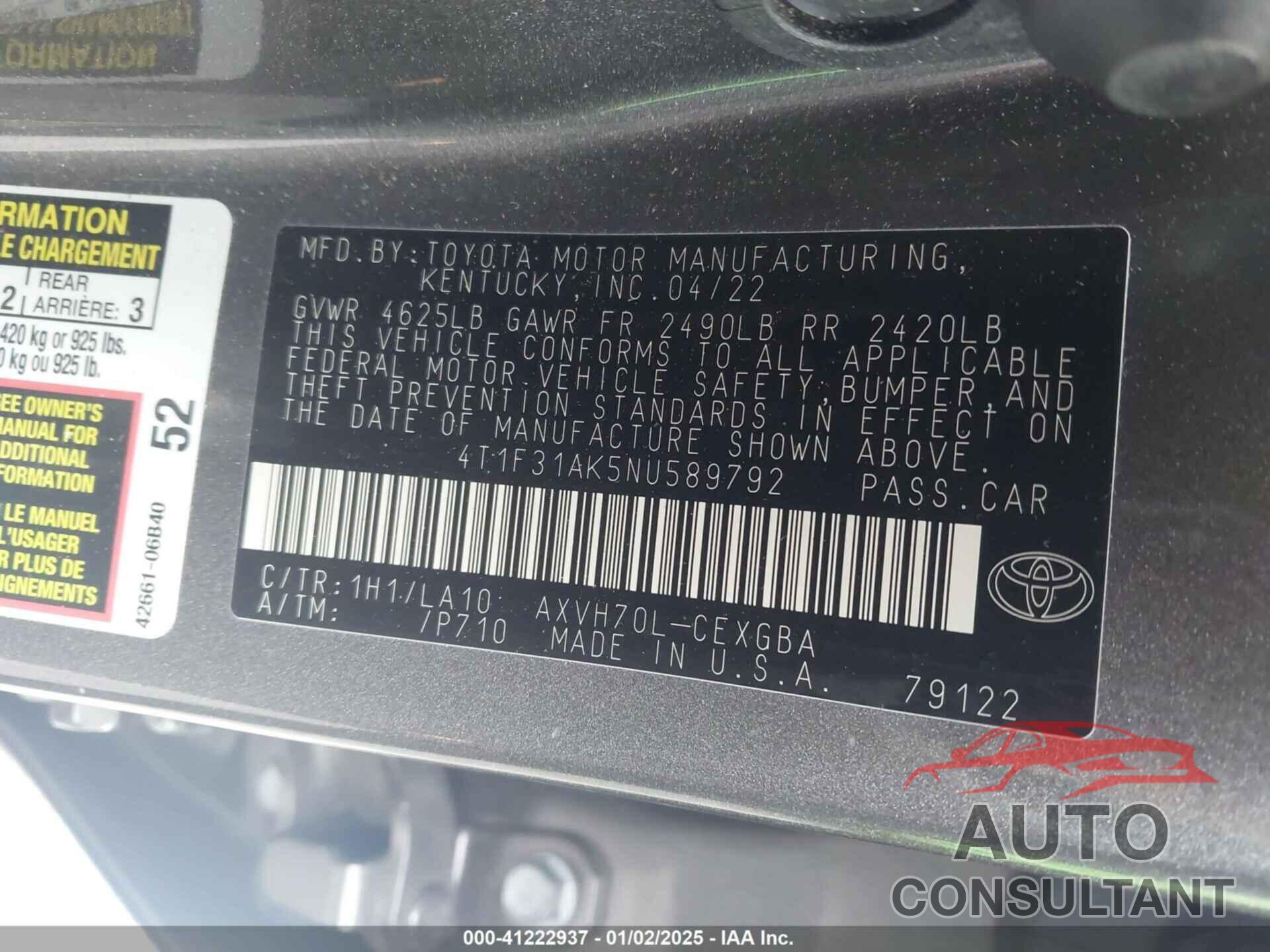 TOYOTA CAMRY 2022 - 4T1F31AK5NU589792