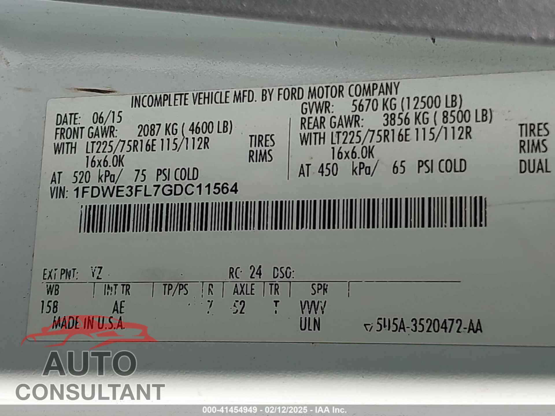 FORD E-350 CUTAWAY 2016 - 1FDWE3FL7GDC11564