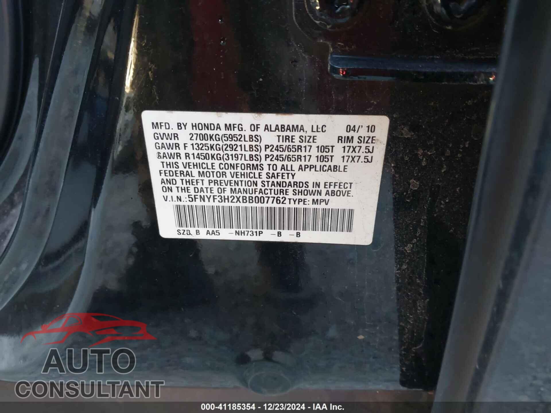 HONDA PILOT 2011 - 5FNYF3H2XBB007762