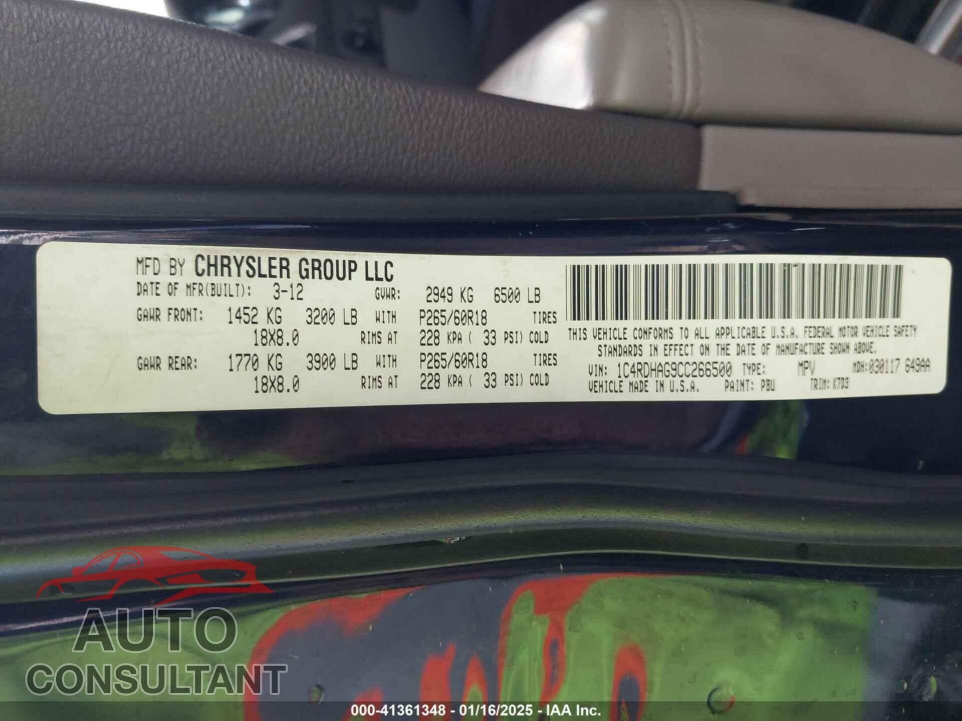 DODGE DURANGO 2012 - 1C4RDHAG9CC266500