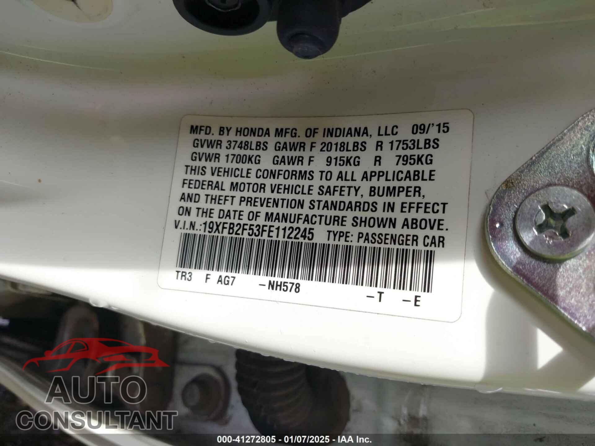 HONDA CIVIC 2015 - 19XFB2F53FE112245