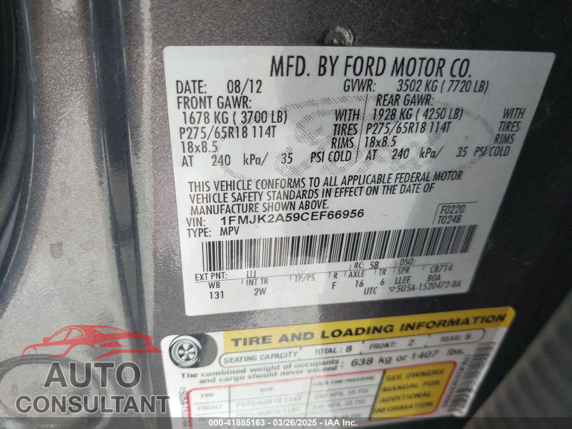 FORD EXPEDITION EL 2012 - 1FMJK2A59CEF66956