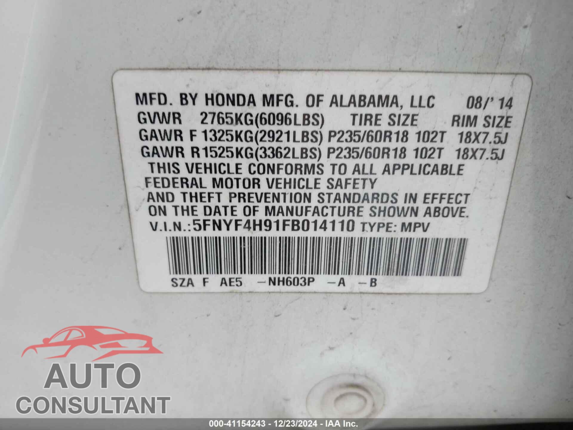 HONDA PILOT 2015 - 5FNYF4H91FB014110