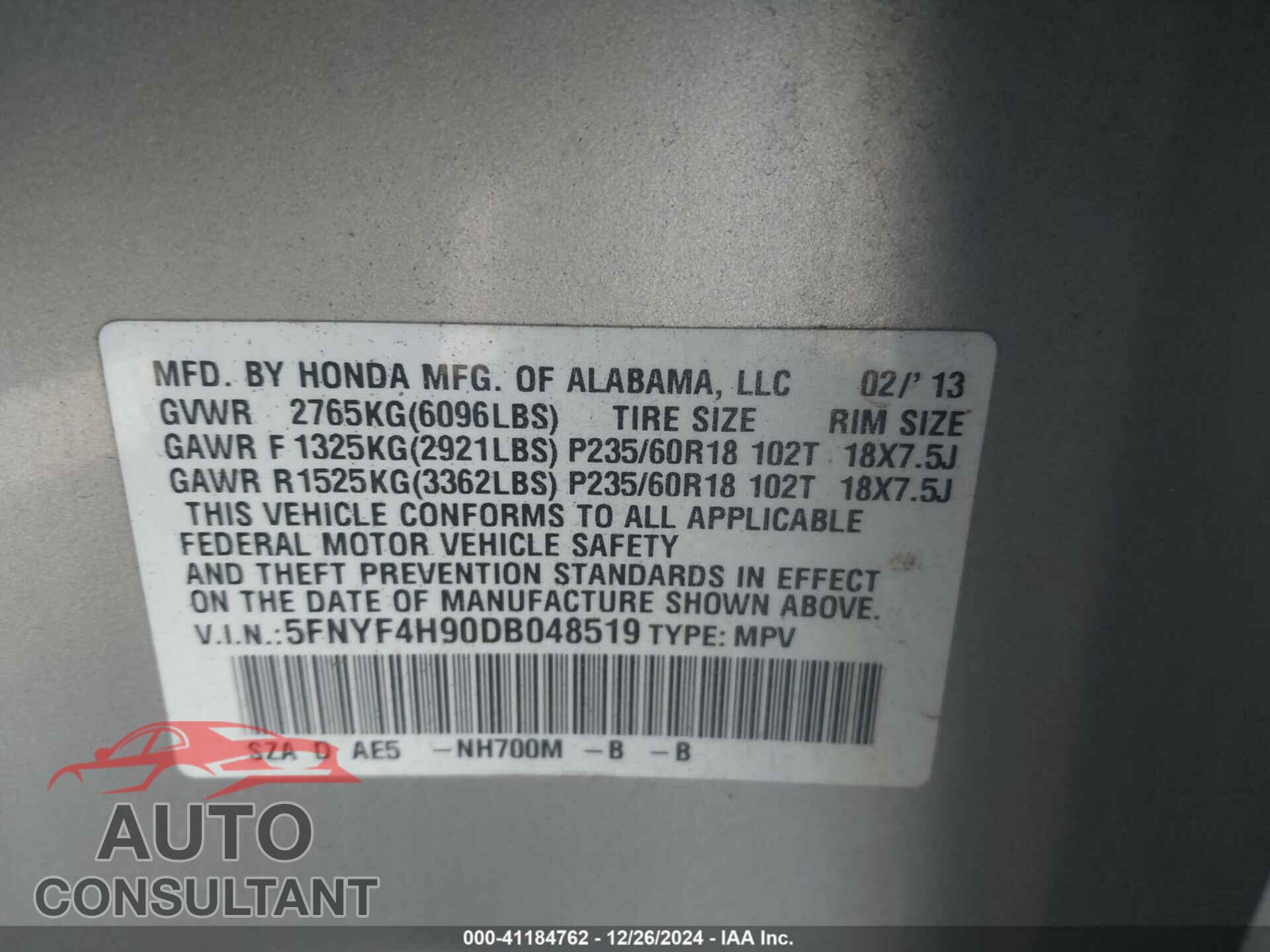 HONDA PILOT 2013 - 5FNYF4H90DB048519