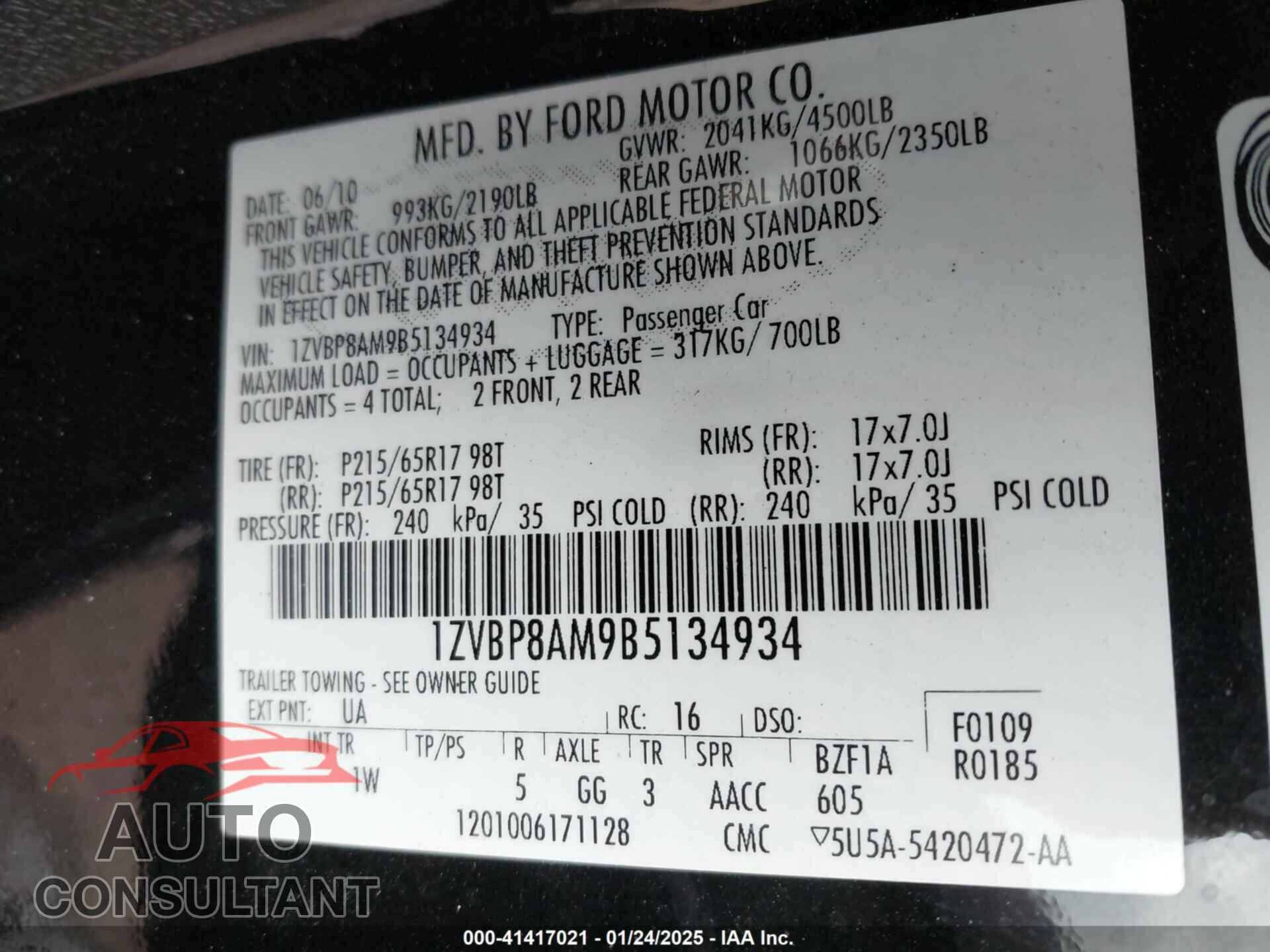 FORD MUSTANG 2011 - 1ZVBP8AM9B5134934