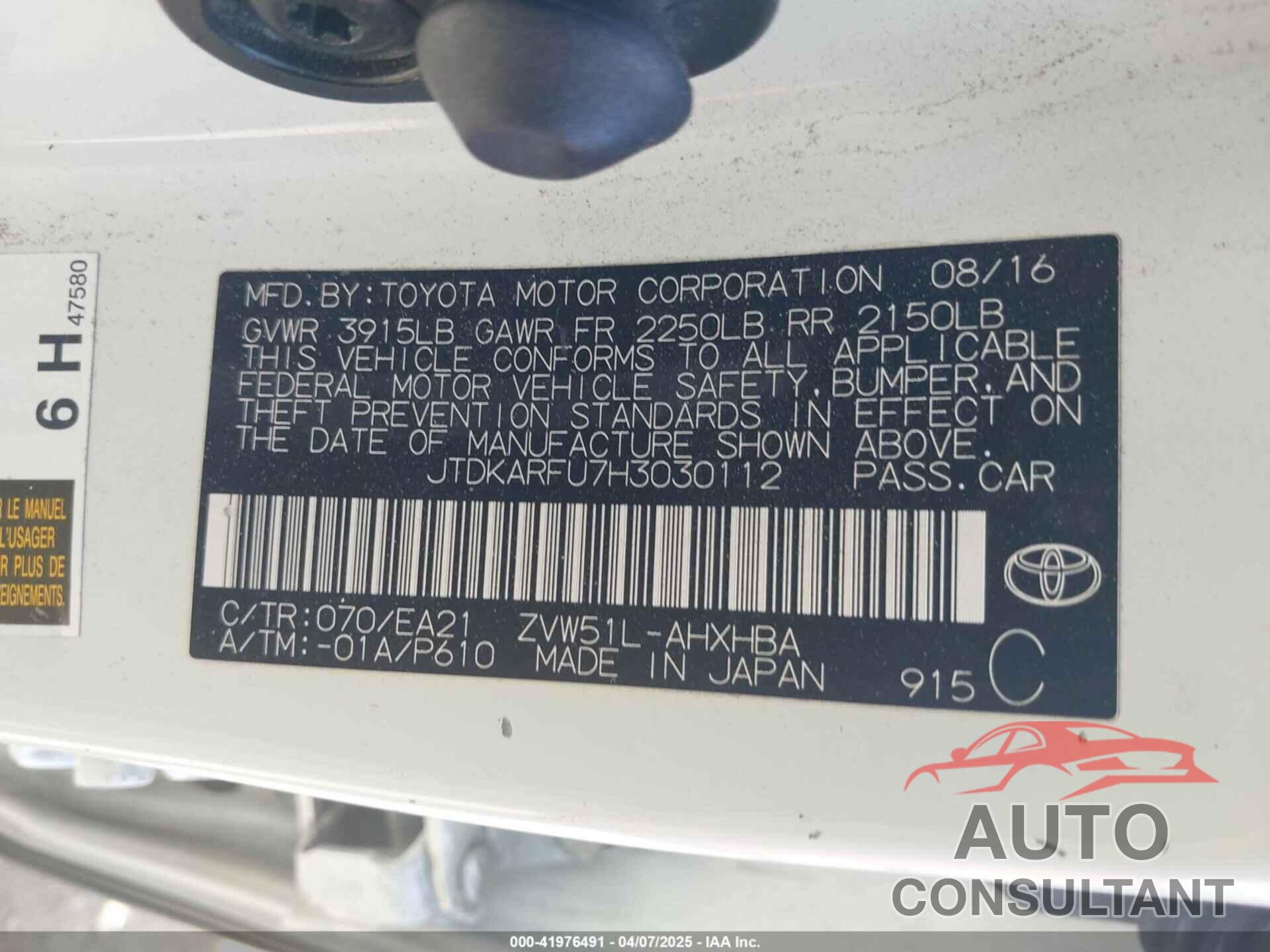 TOYOTA PRIUS 2017 - JTDKARFU7H3030112