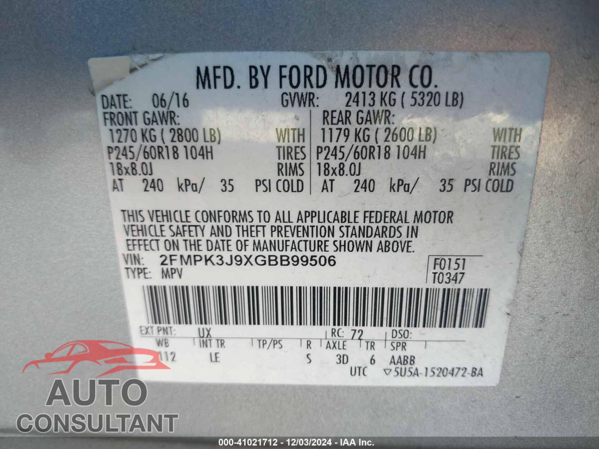 FORD EDGE 2016 - 2FMPK3J9XGBB99506