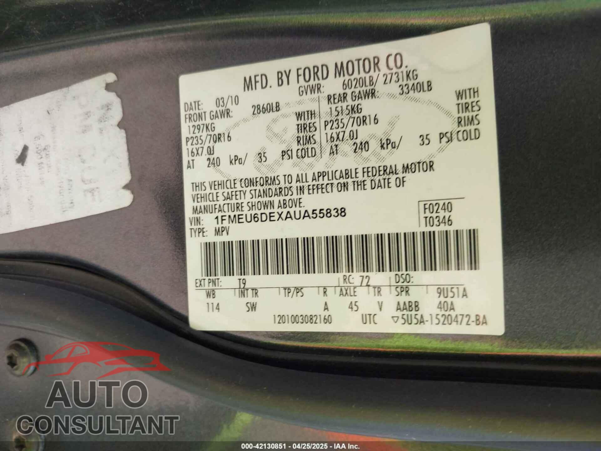 FORD EXPLORER 2010 - 1FMEU6DEXAUA55838