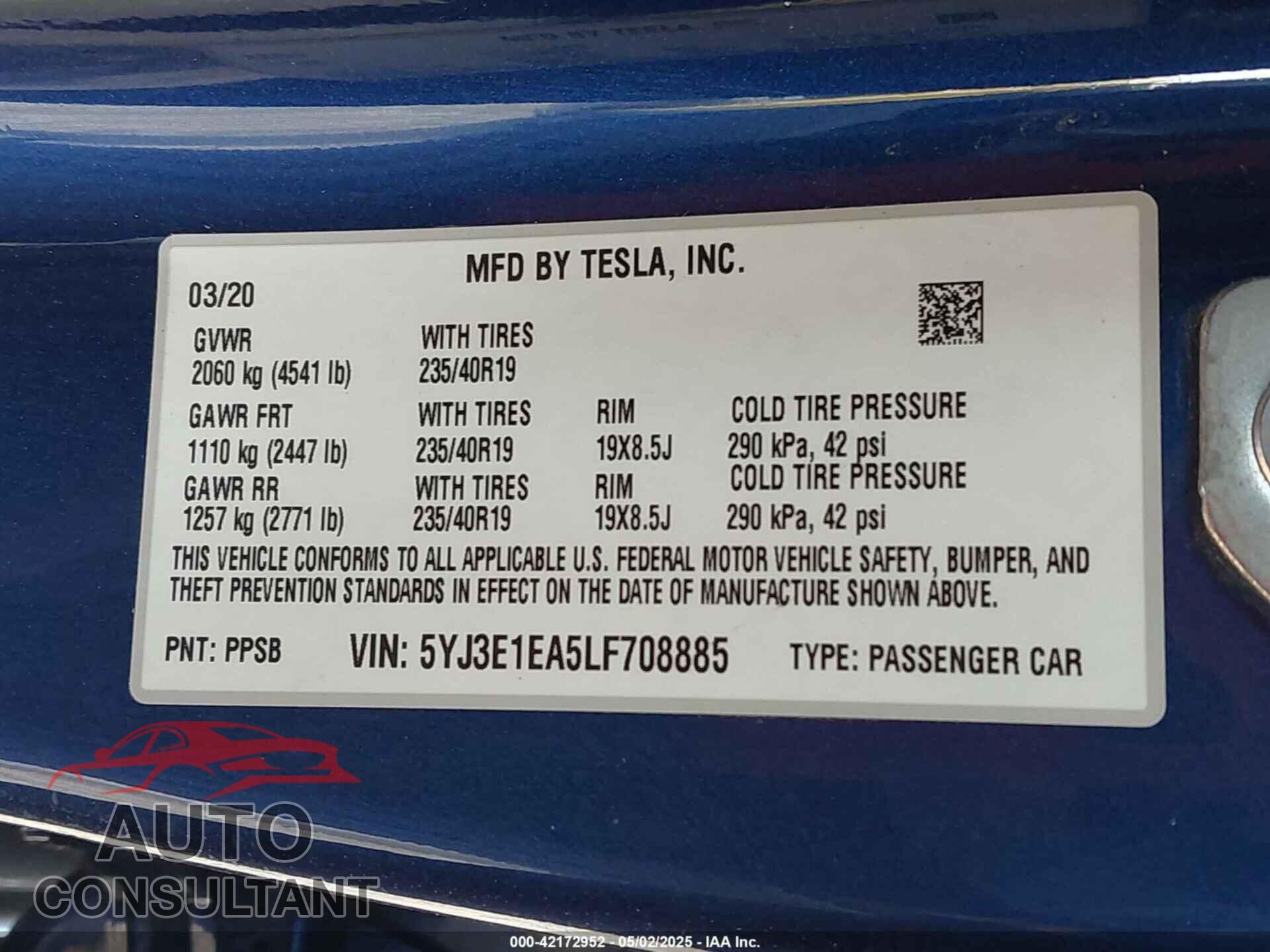 TESLA MODEL 3 2020 - 5YJ3E1EA5LF708885